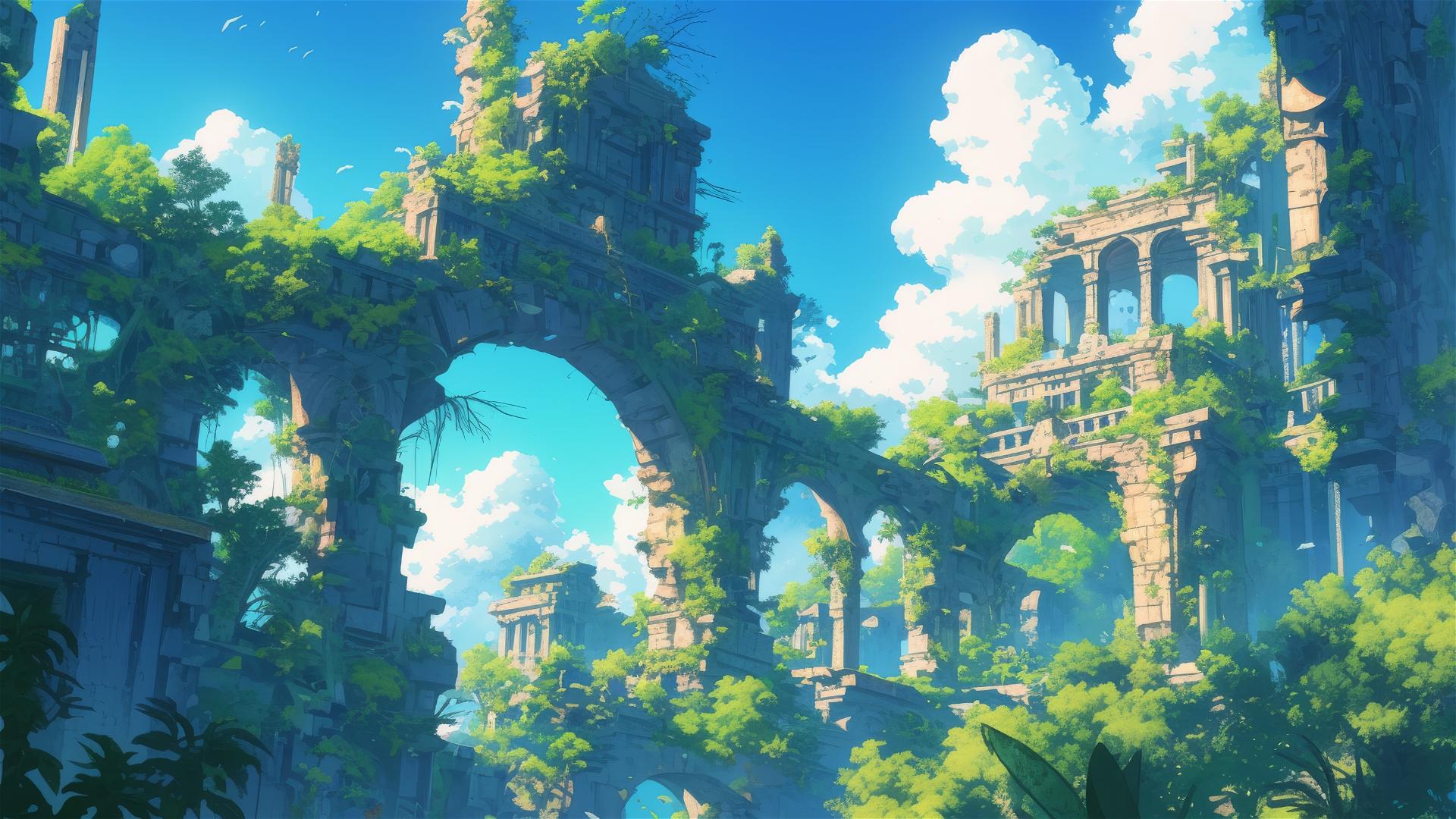 Ghibli-style ruins with nature and hidden magic.