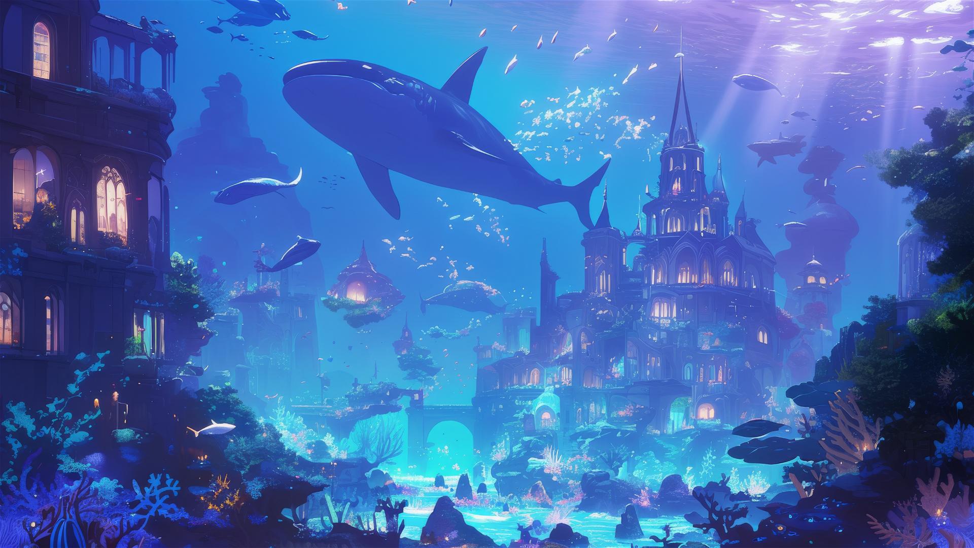 Ghibli-style city underwater with glowing bioluminescence and sea life.