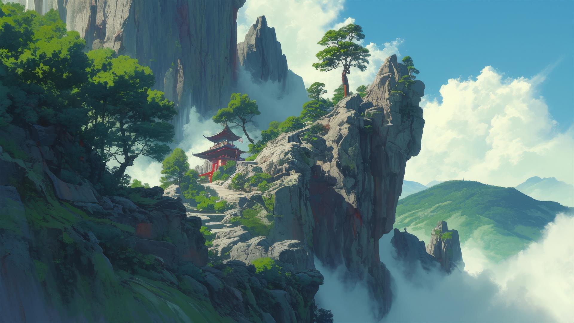 Serene Ghibli-style mountain pass with misty peaks and hidden temples.