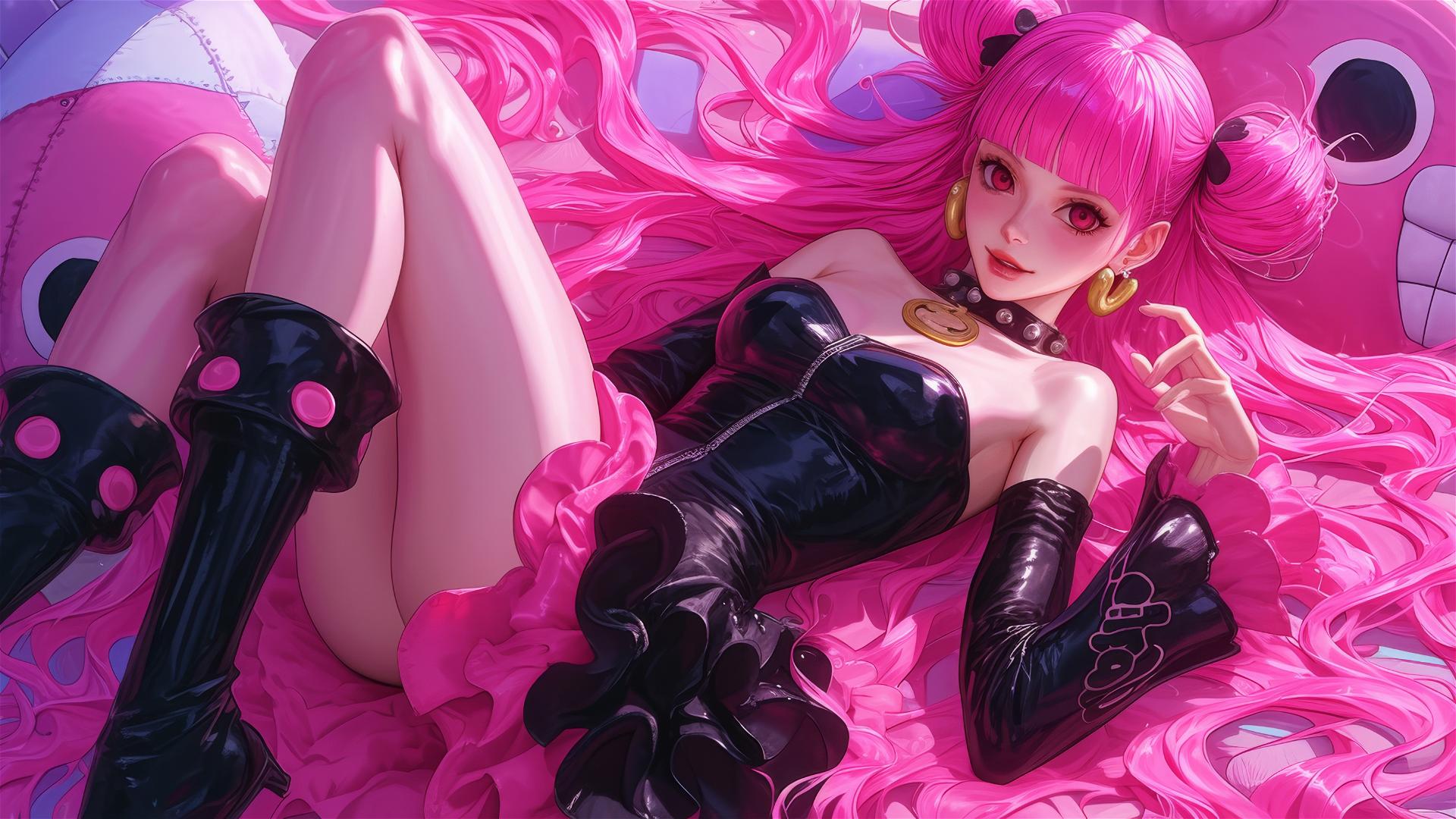 Perona from One Piece in black and pink leather on a bed under neon pink light.