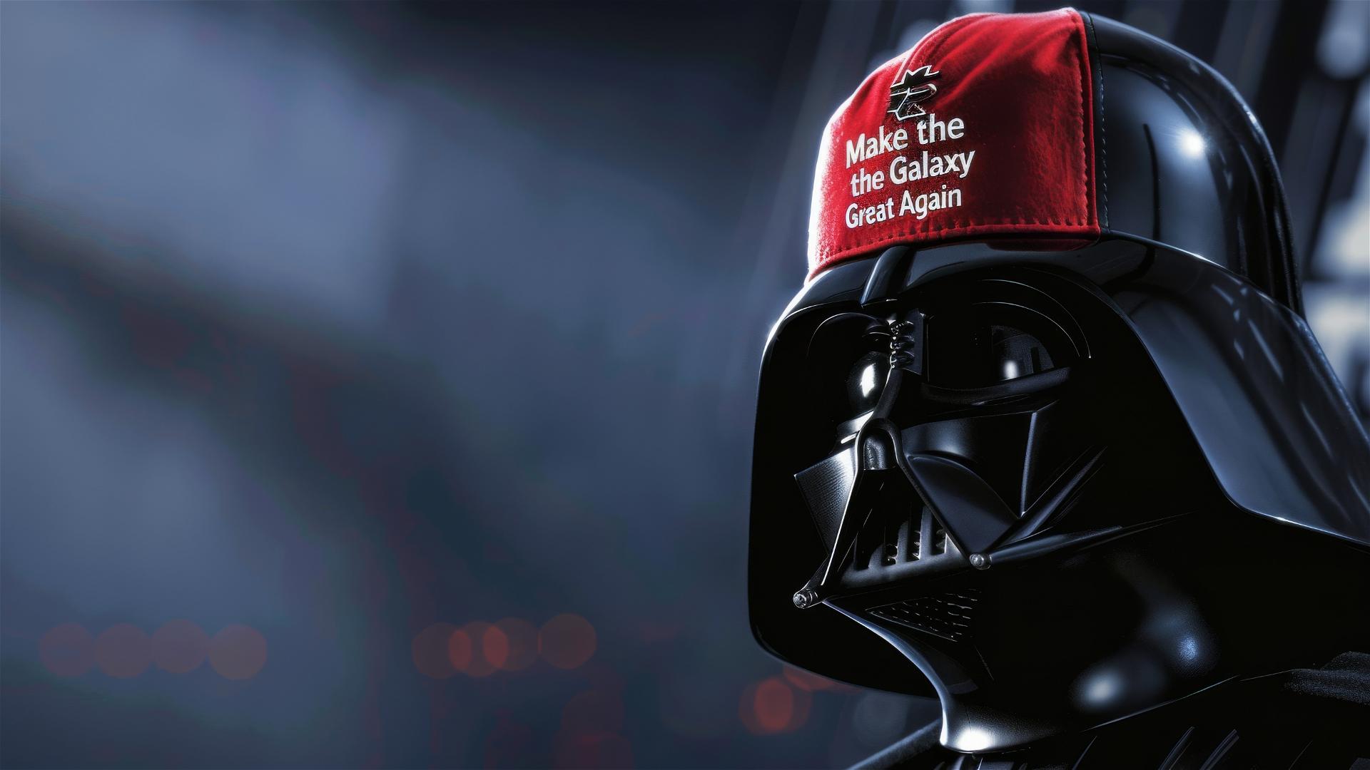 Darth Vader with a red 'Make the Galaxy Great Again' trucker hat.