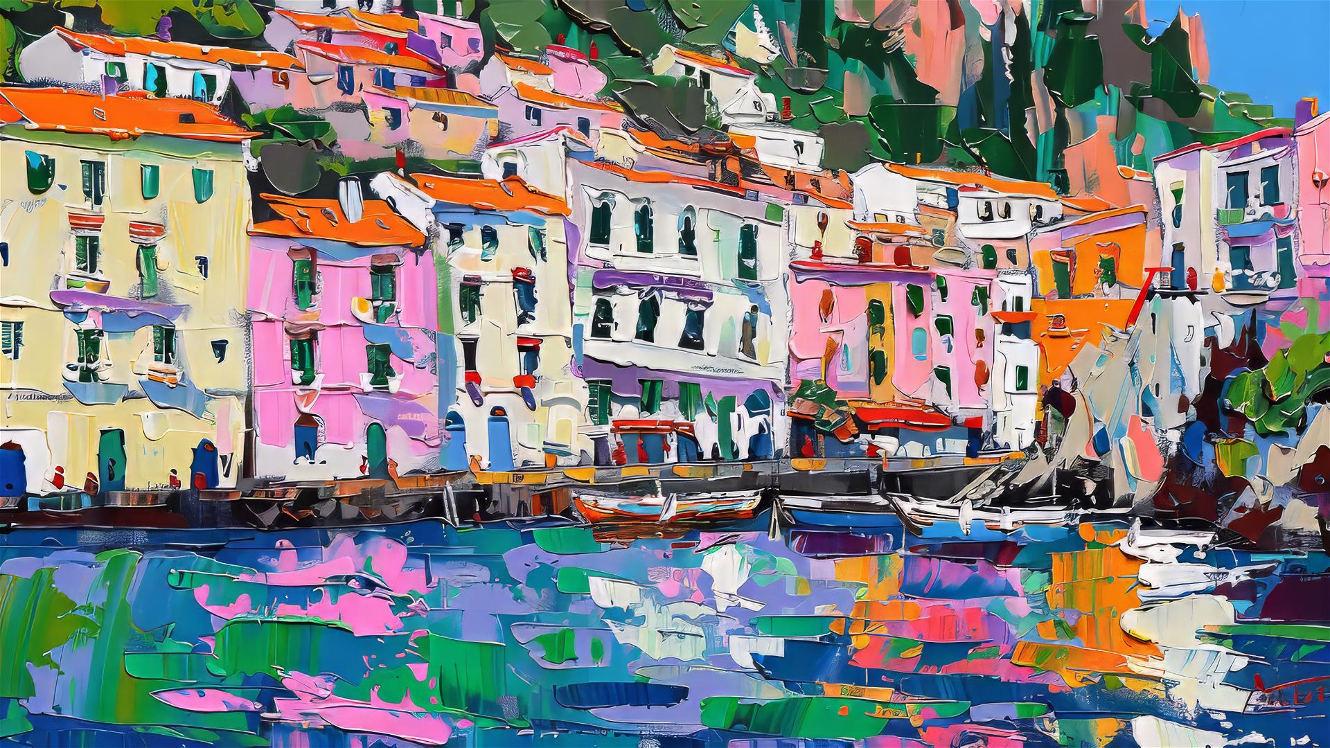 Abstract Amalfi Coast oil painting in Francoise Nielly's style with neon colors and gold accents