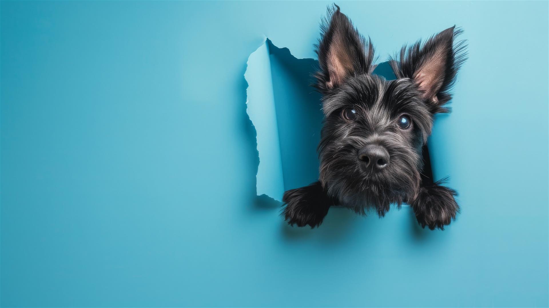 Colorful Scottish Terrier peeking through sky blue paper