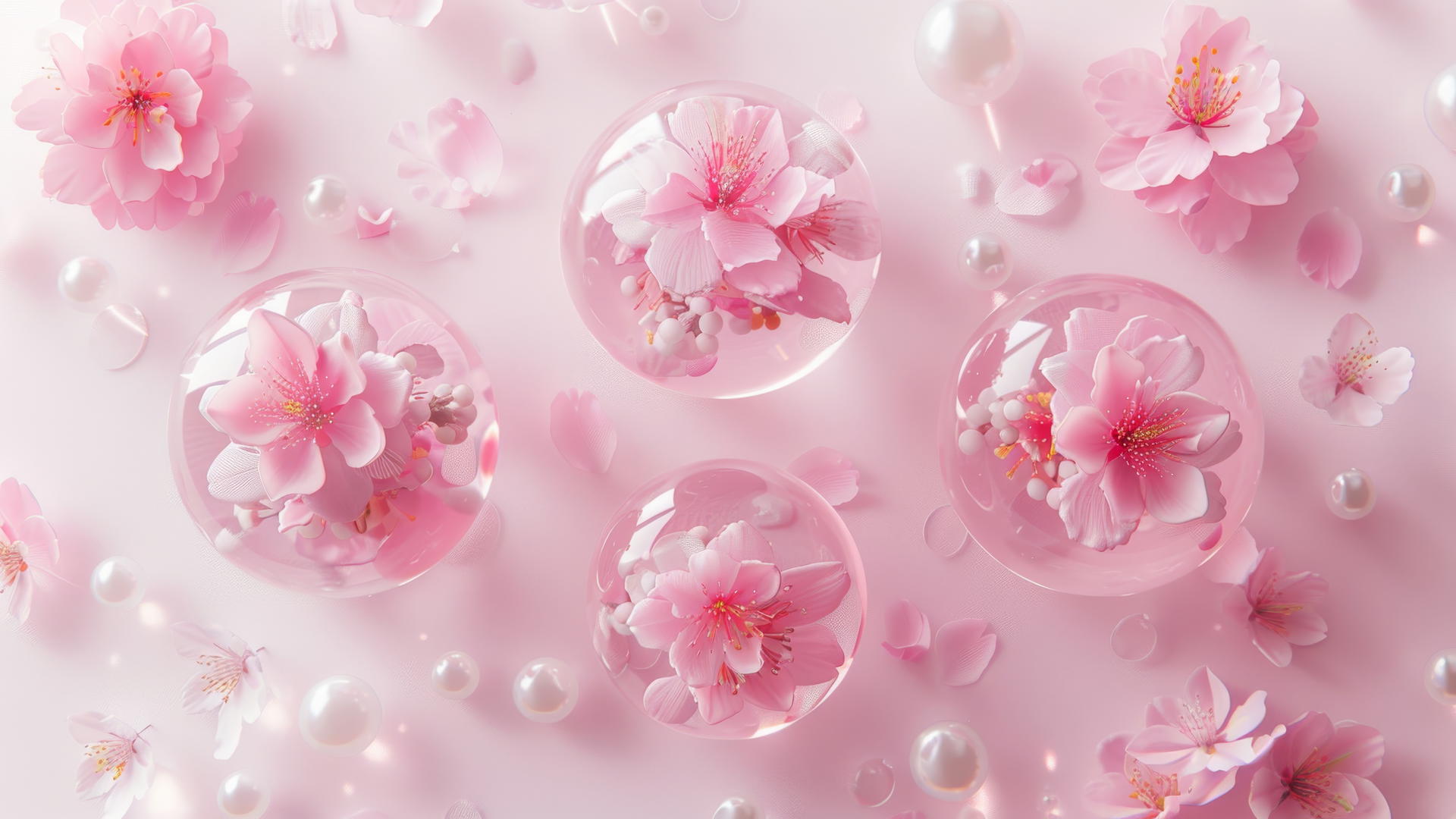 Transparent pink jelly balls with cherry blossoms and pearls on pink background