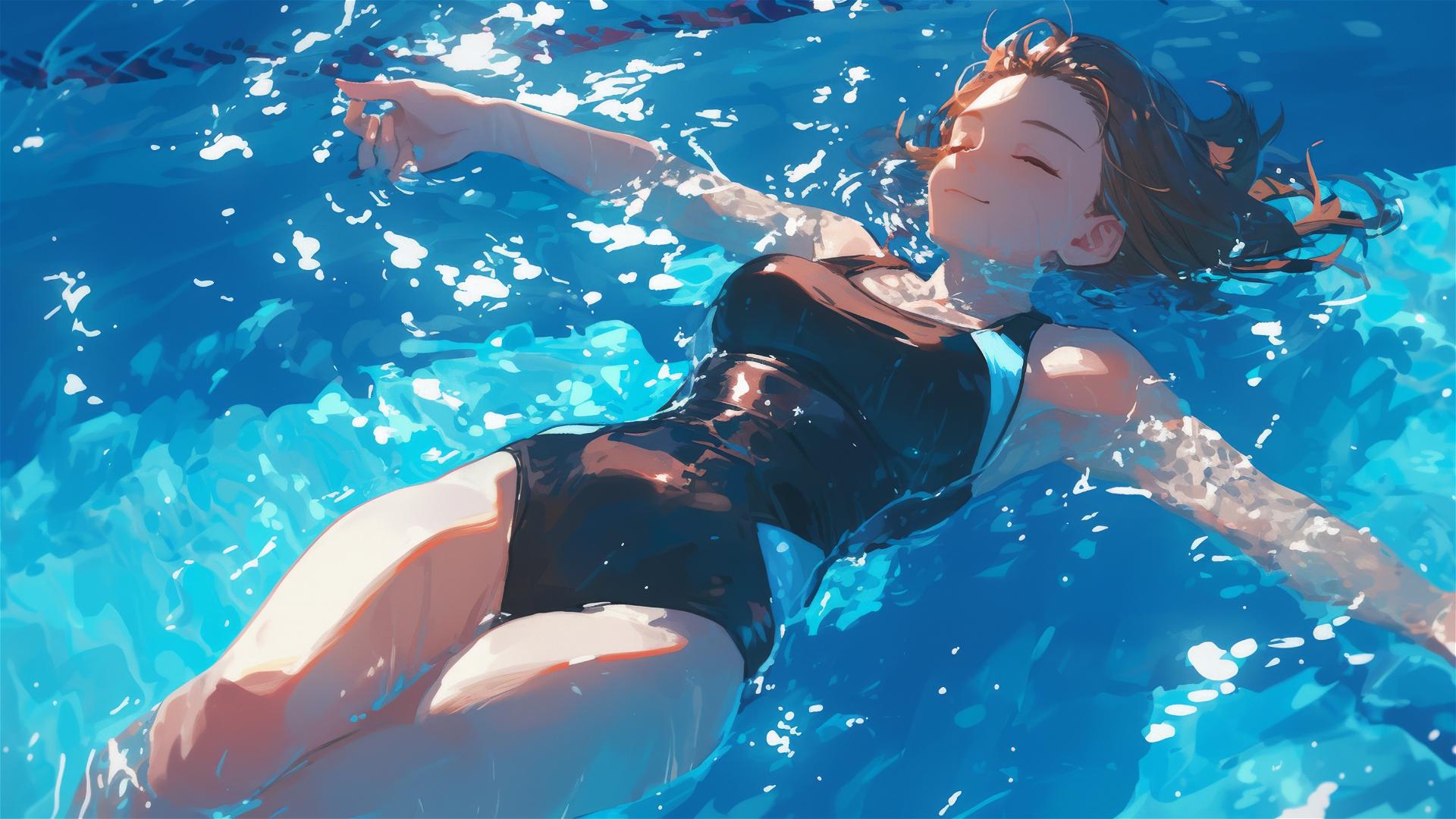 Nobara Kugisaki from Jujutsu Kaisen leisurely swimming under moonlight
