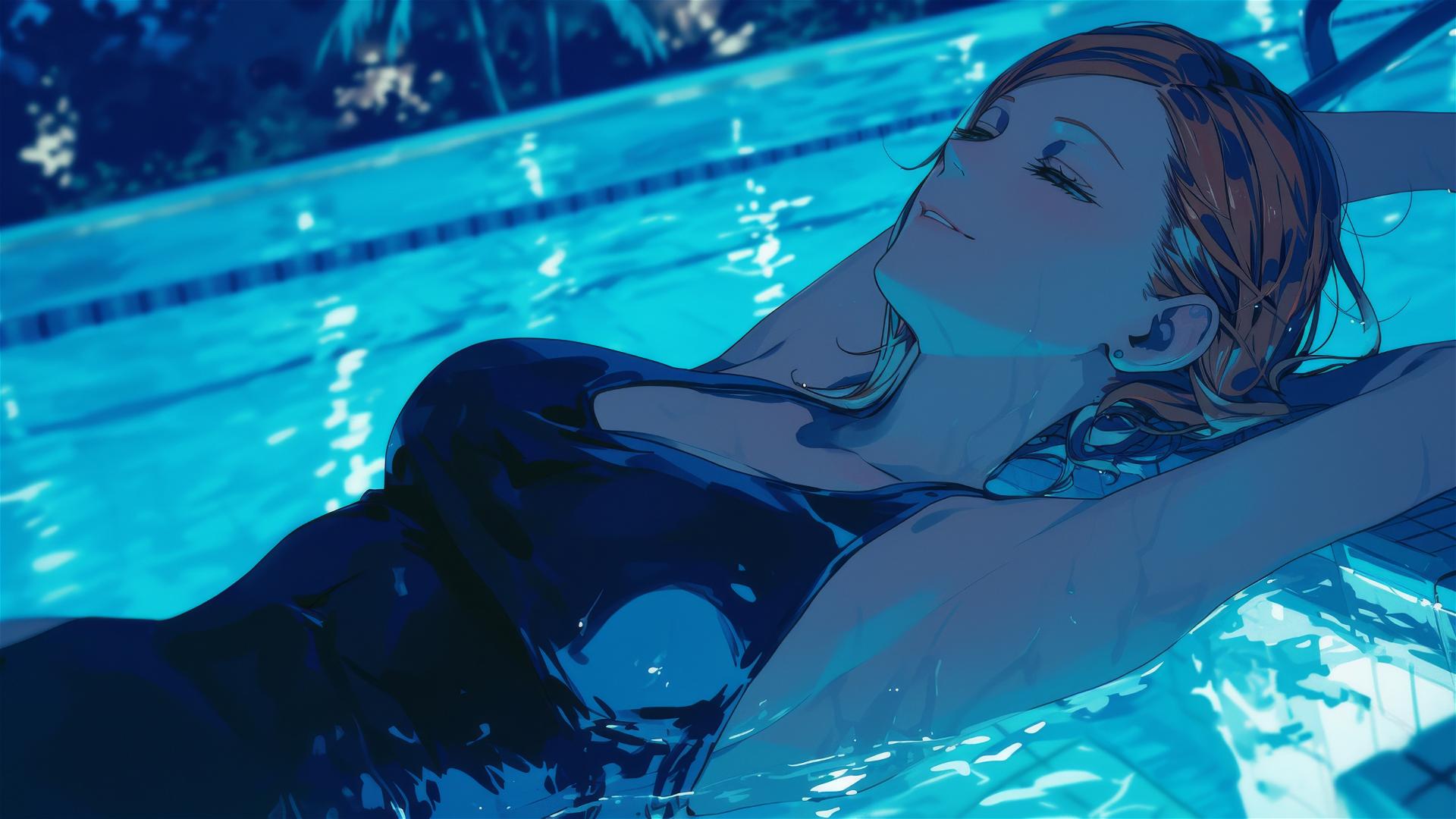 Nobara Kugisaki from Jujutsu Kaisen resting by pool under moonlight