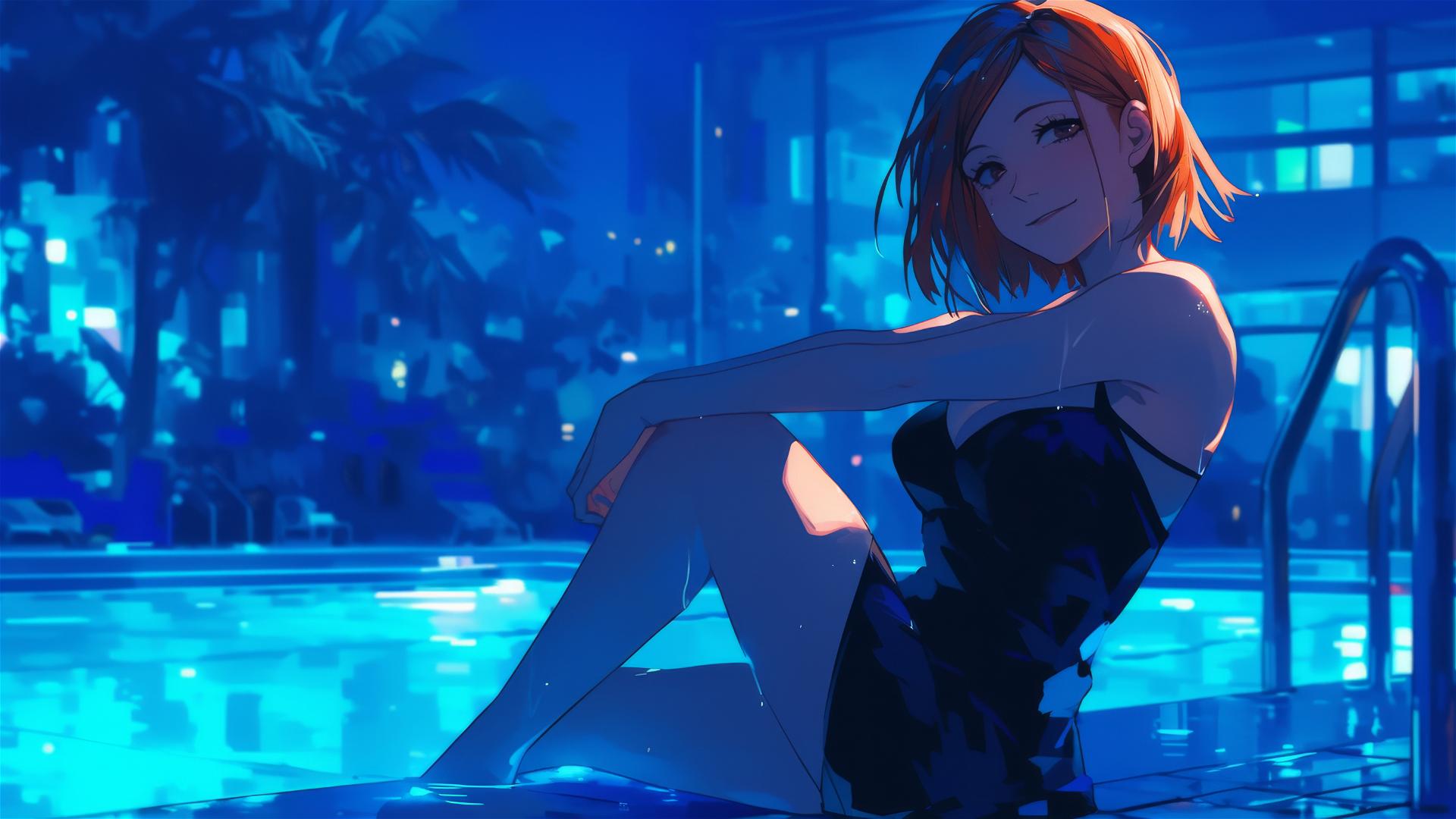Nobara Kugisaki from Jujutsu Kaisen resting by pool under moonlight