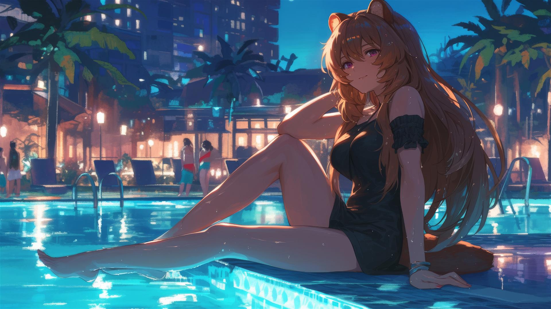 Raphtalia from Shield Hero resting by pool under moonlight