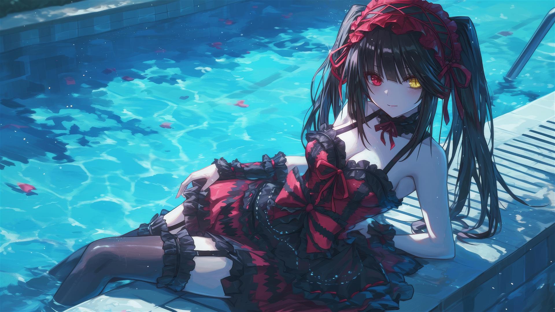 Kurumi Tokisaki from Date A Live by the pool in moonlight