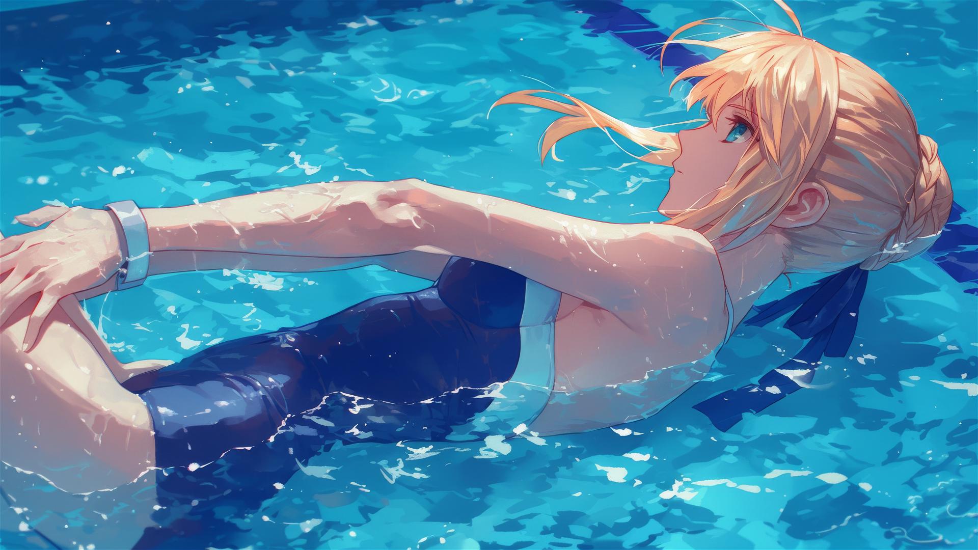 Saber from Fate/Zero swimming in the moonlit pool