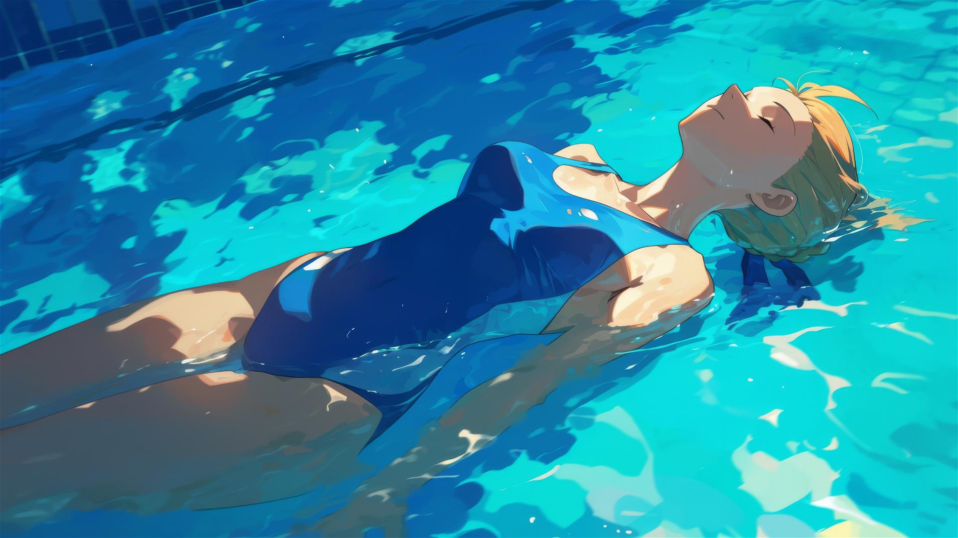 Saber from Fate/Zero swimming in a pool under moonlight