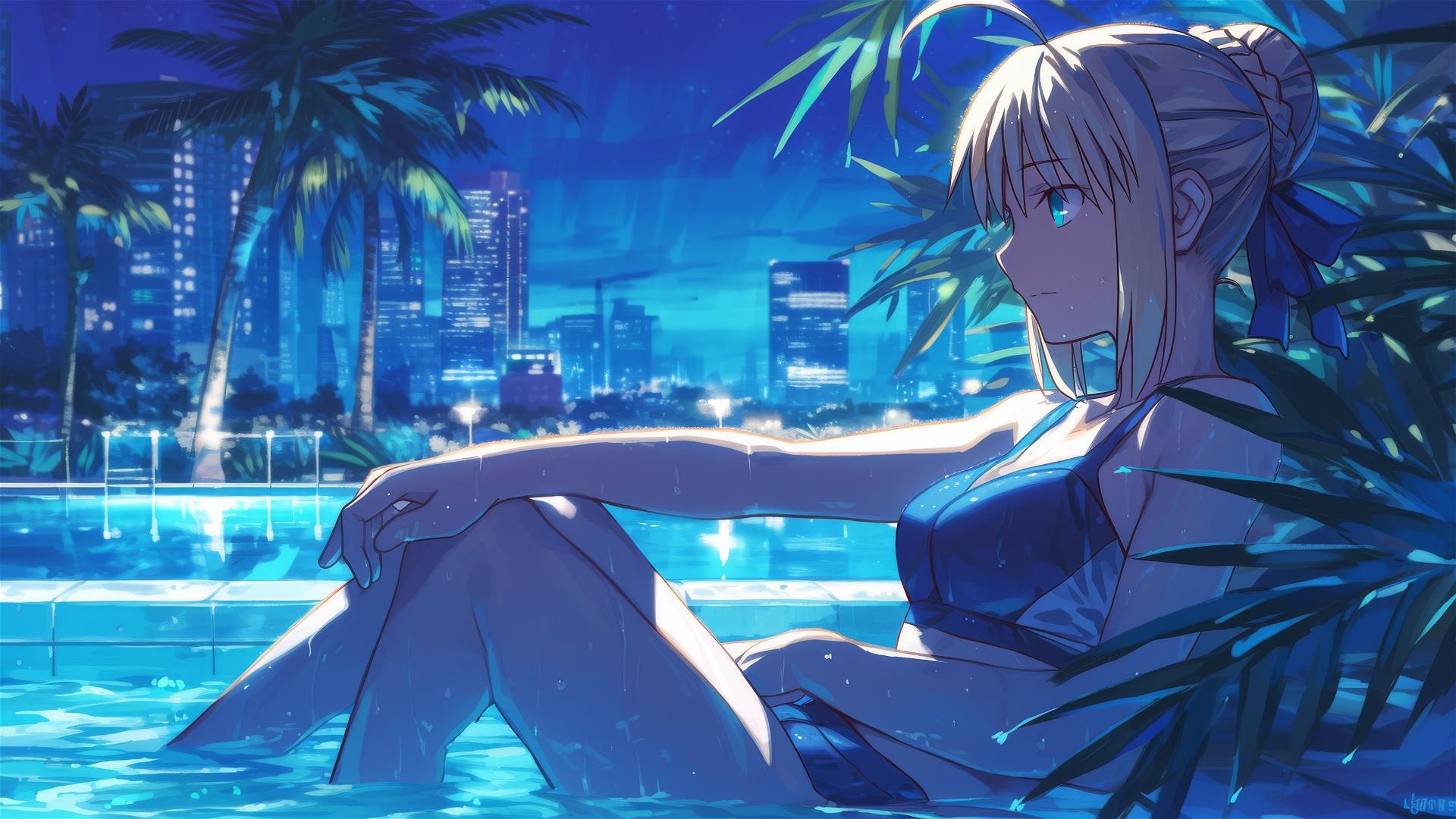 Saber from Fate/Zero resting by the pool under moonlight