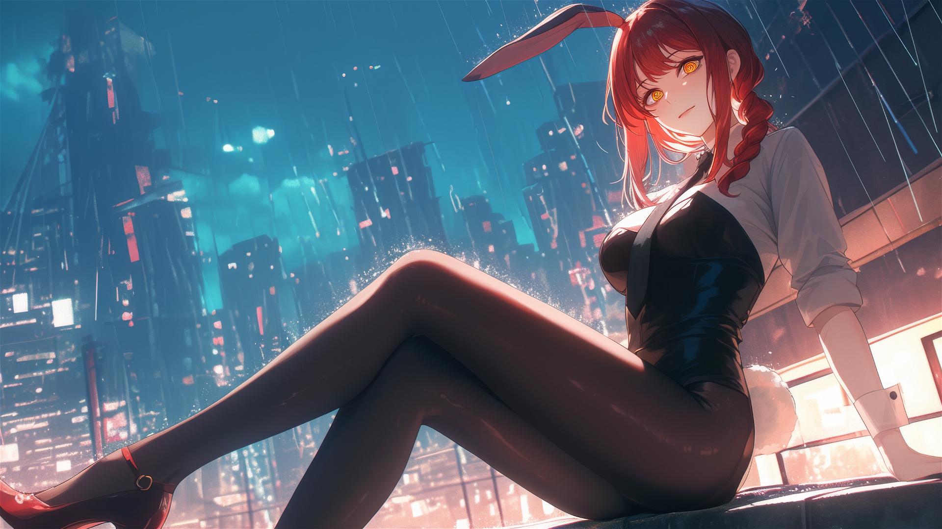 Makima from Chainsaw Man on rooftop in rain with moonlight and red accents