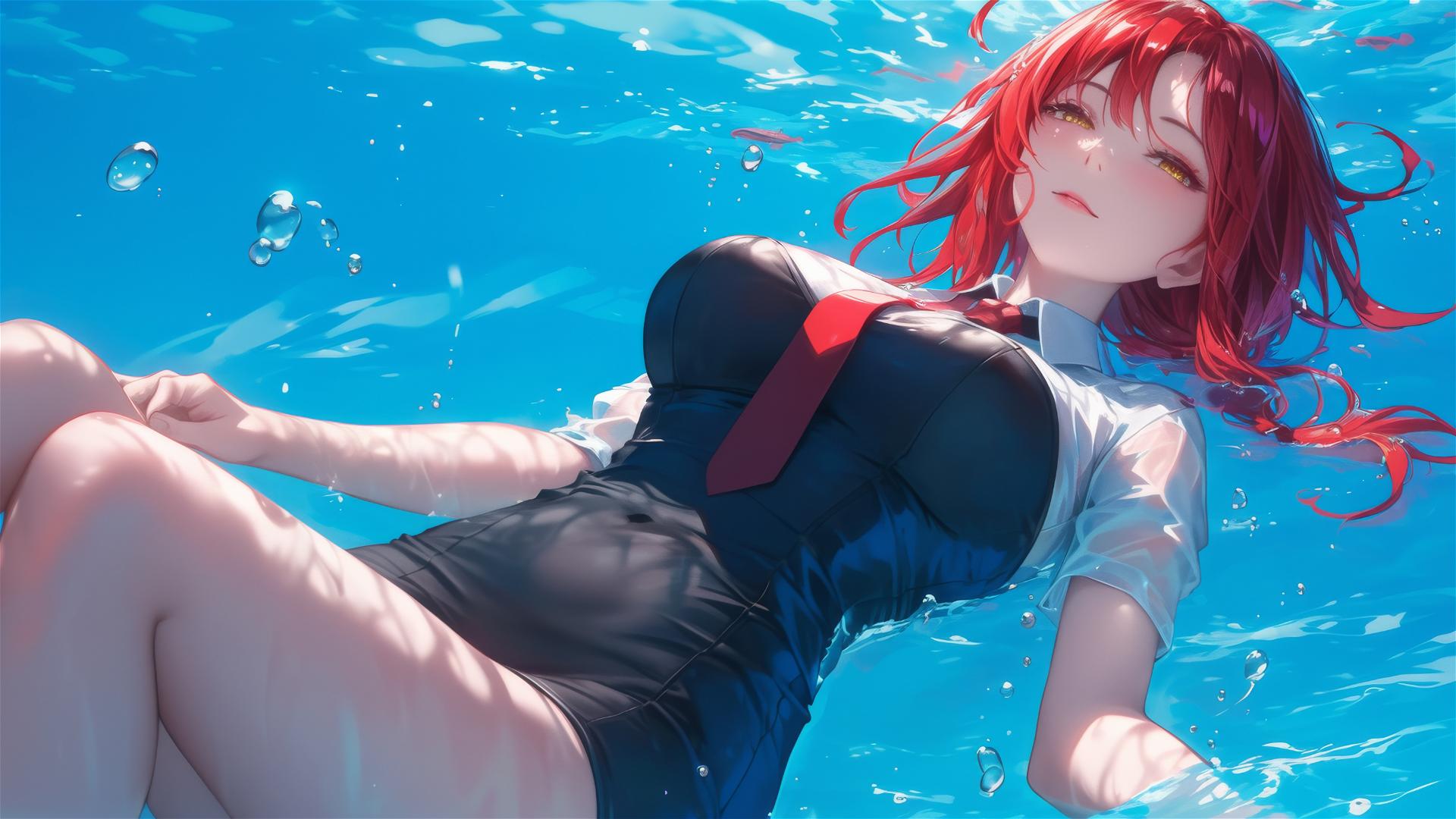 Makima from Chainsaw Man swimming, moonlit with red hair in bunny style on a rainy day.