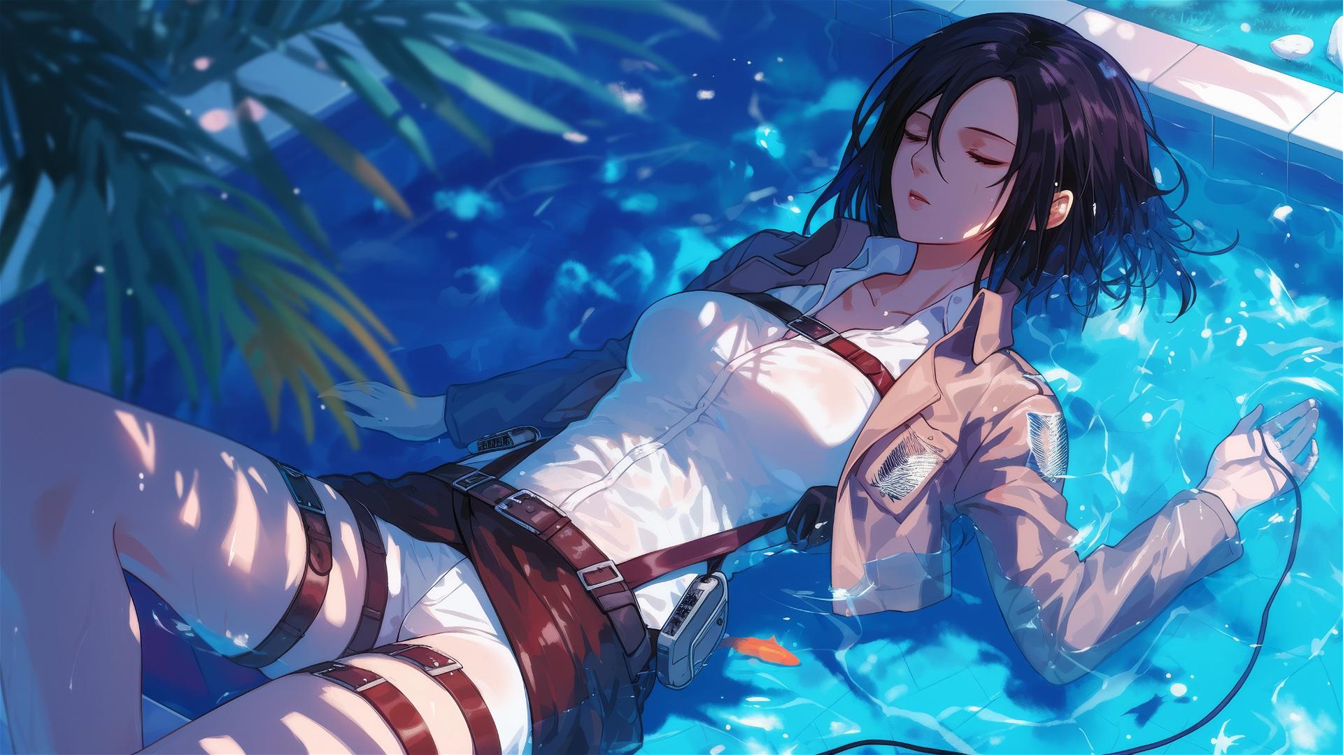 Mikasa Ackerman by poolside under moonlight