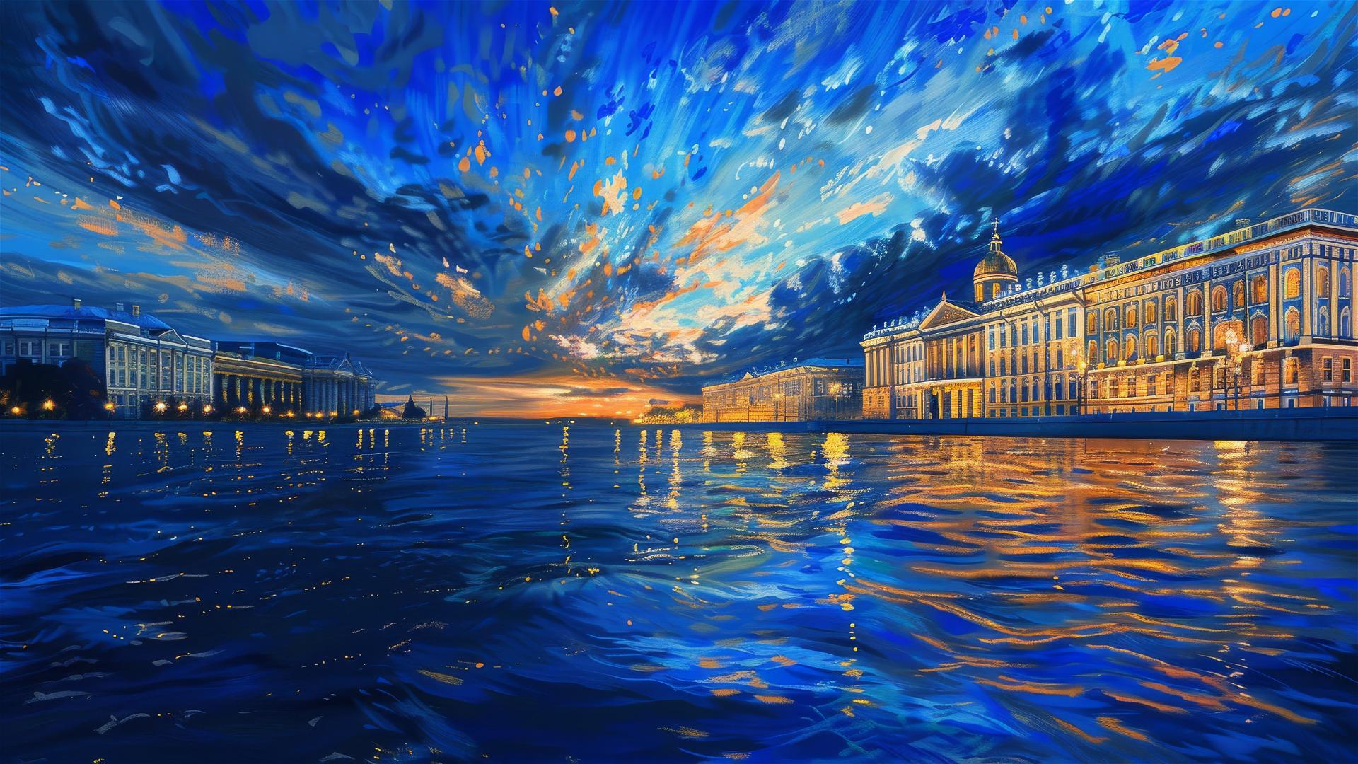Hermitage Museum at twilight with van Gogh-style sky