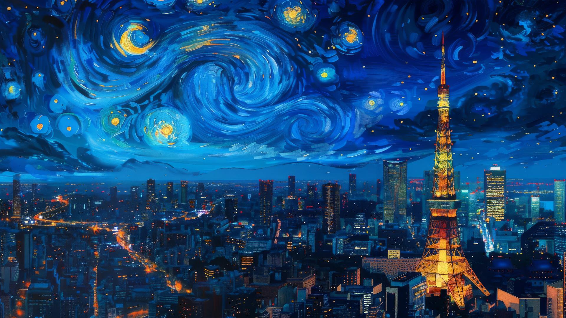 Tokyo Tower at night with swirling stars and vibrant city lights