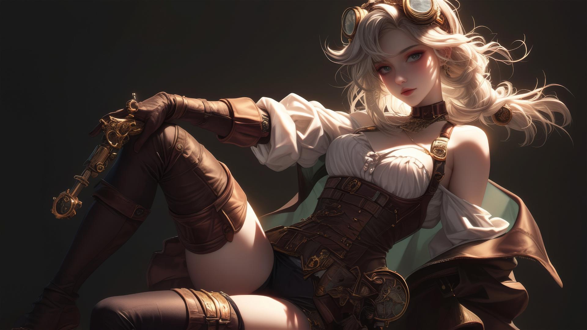 Steampunk Adventurer Girl in dynamic pose with thigh focus on dark background