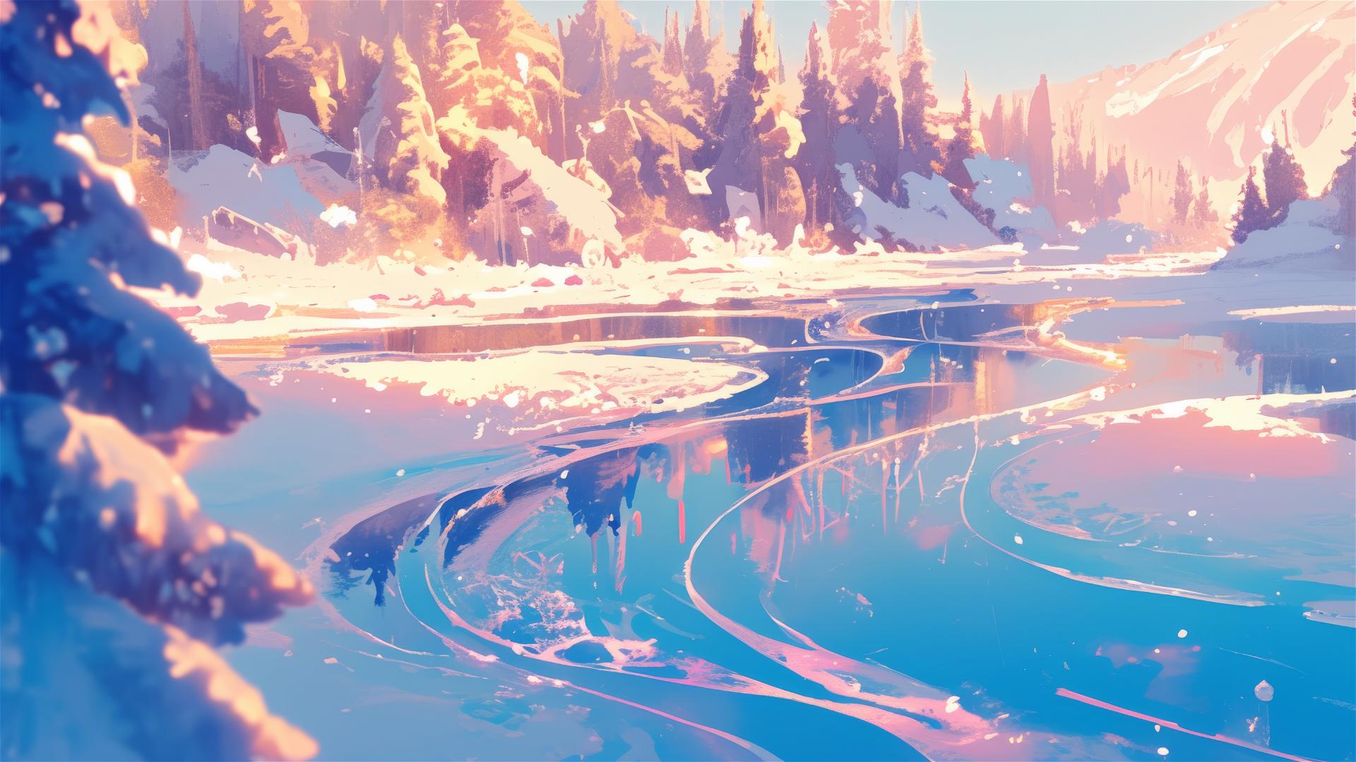 Frozen lake with ice patterns and snow-dusted pines