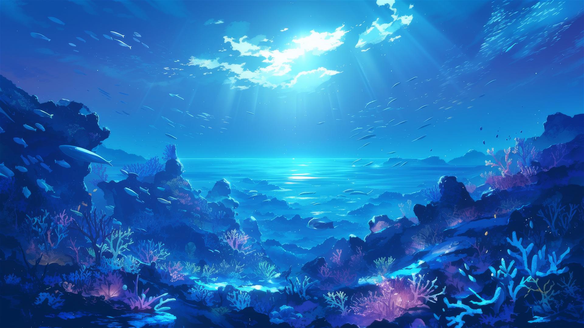 Moonlight rays piercing underwater coral reef with vibrant marine life.