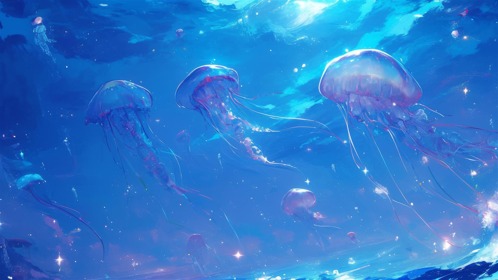 Luminous jellyfish in deep ocean with dreamy blues and purples