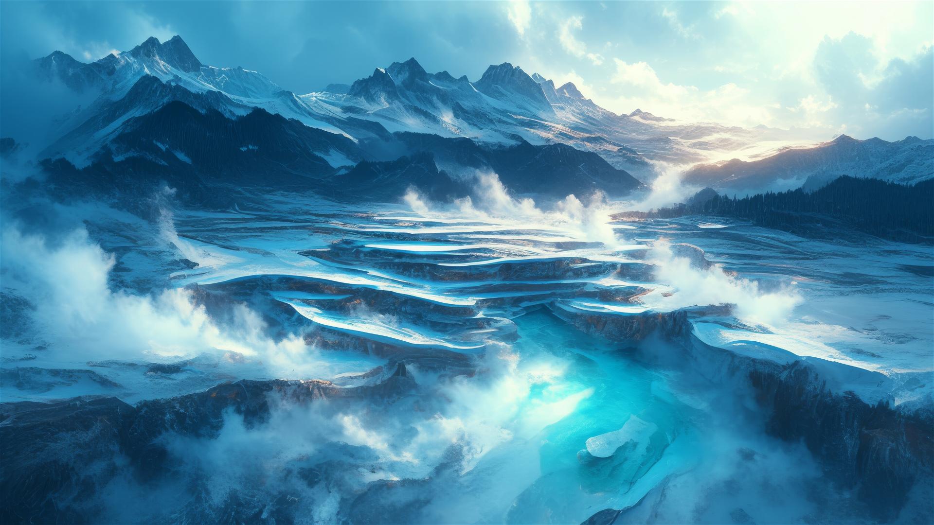 Steam rises from hot springs in snowy thermal ice fields