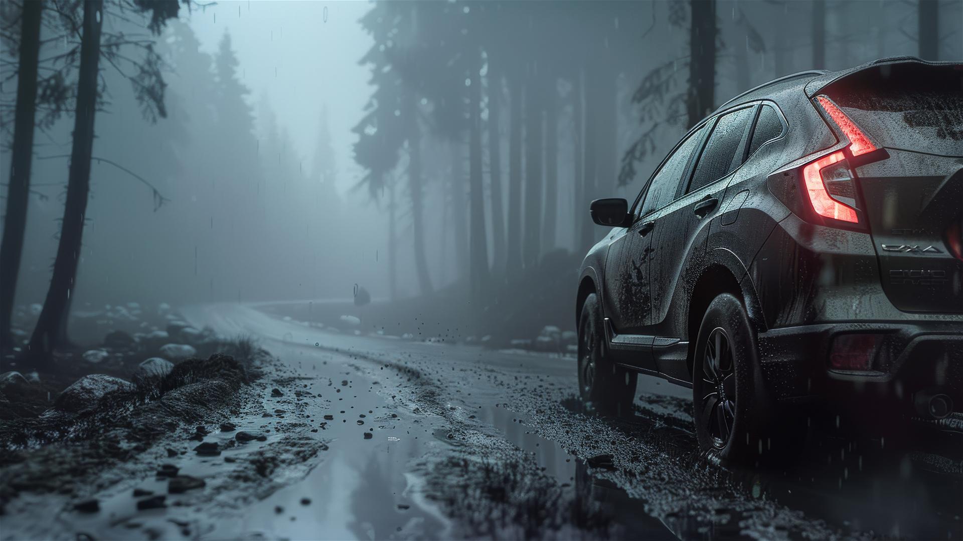 Photorealistic closeup of a Honda CR-V in dim, foggy, gothic setting