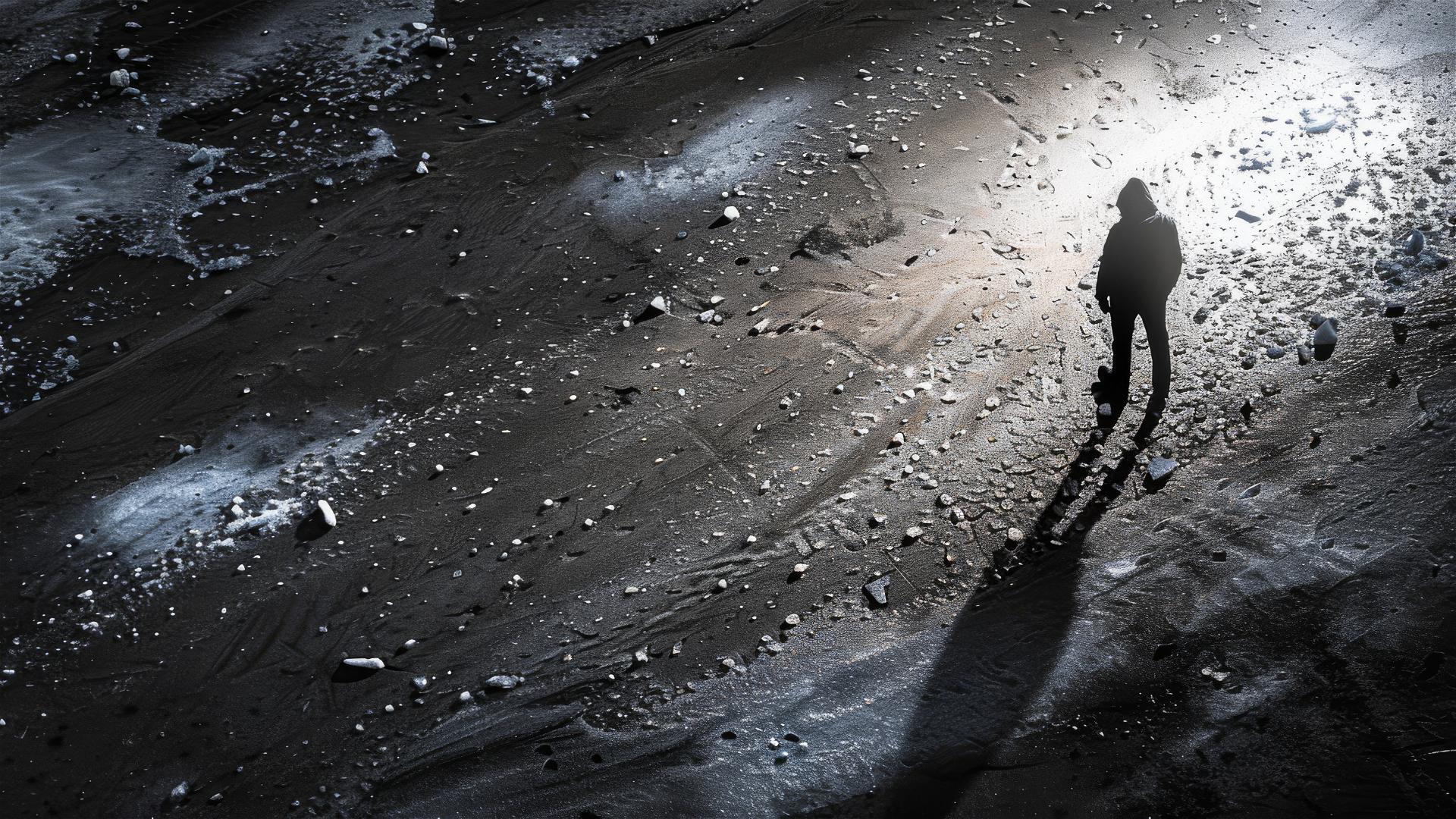 Dark figure in Antarctica seen from above, embodying solitude and stillness