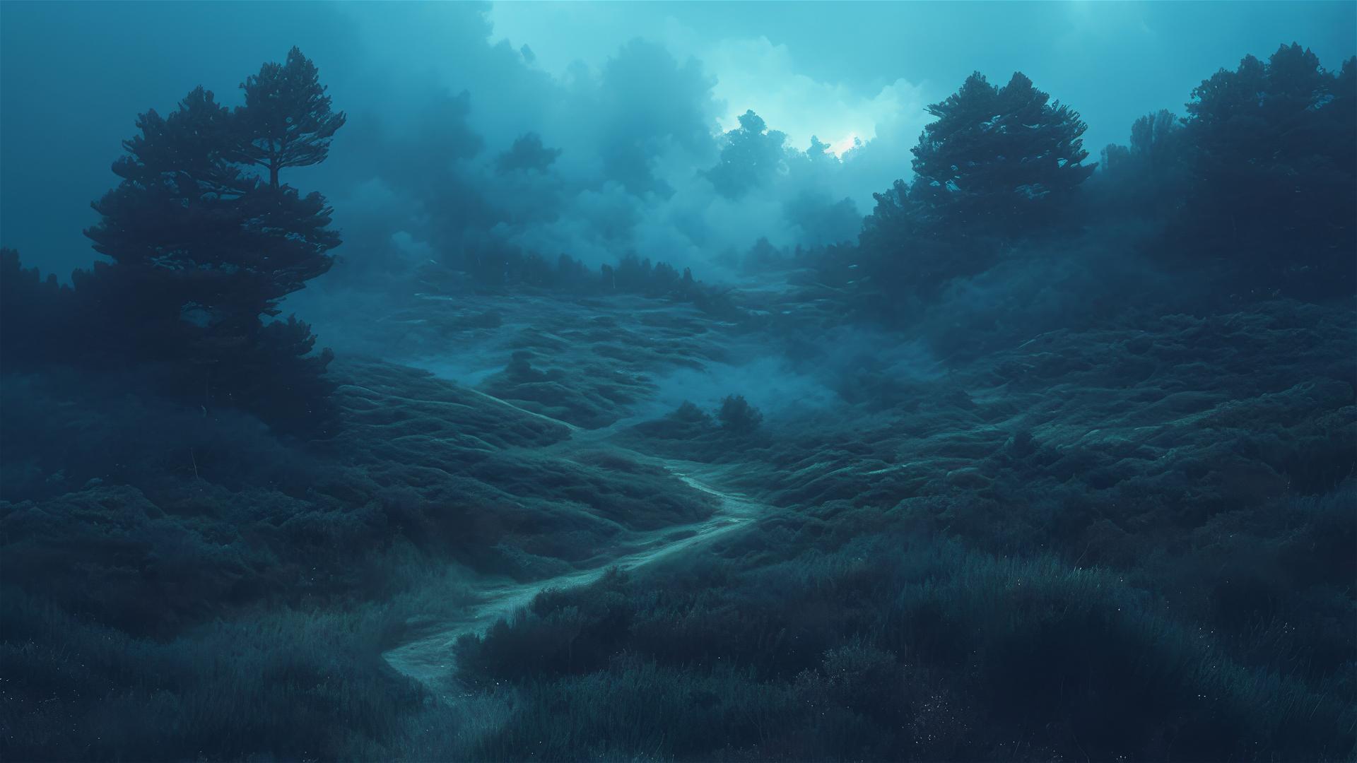 A dark misty moor path among black heather with night wildflowers scent
