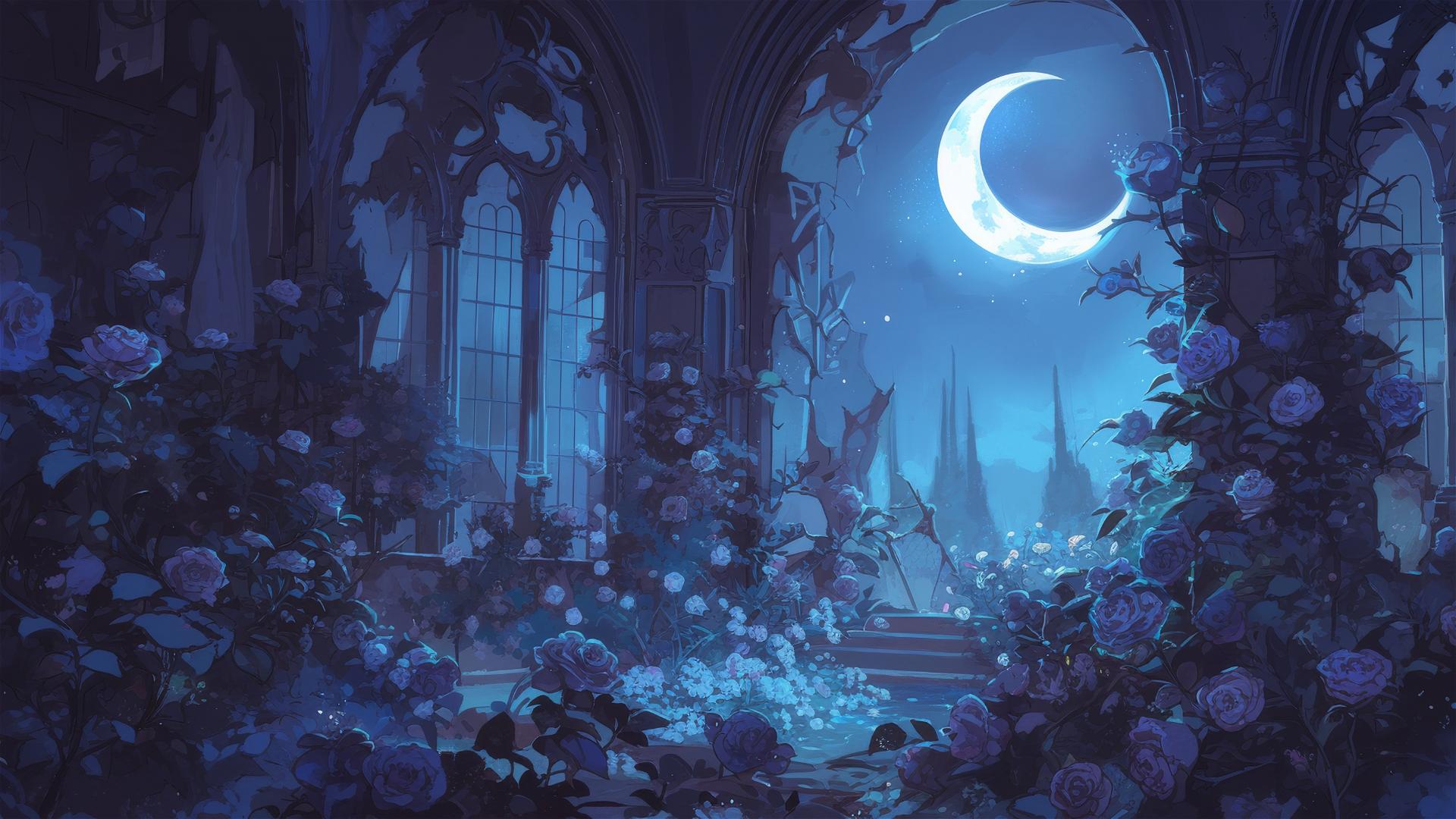 Black roses bloom in a midnight garden under a crescent moon