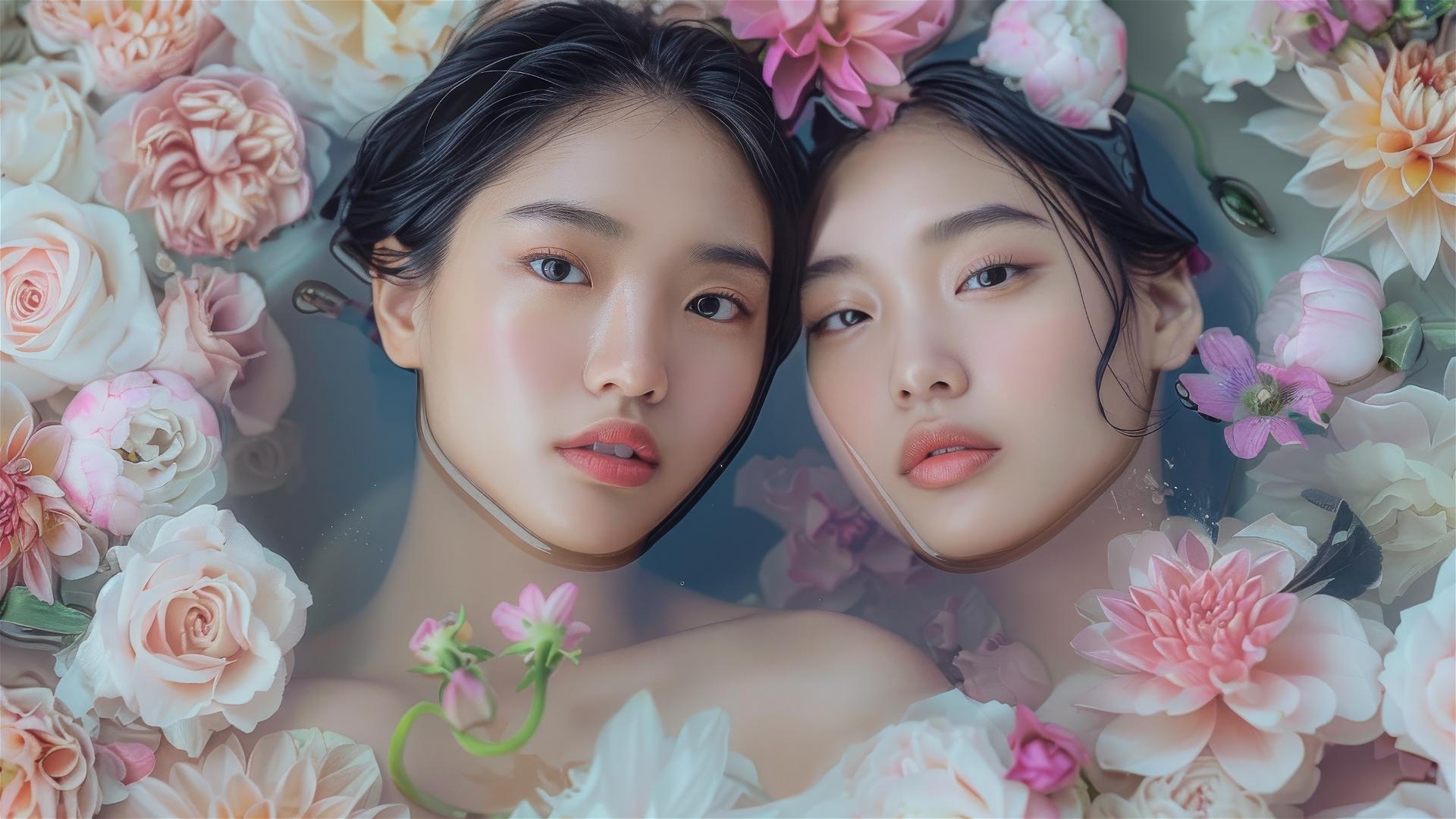 Twin Asian women in a floral tub at a Chinese spa