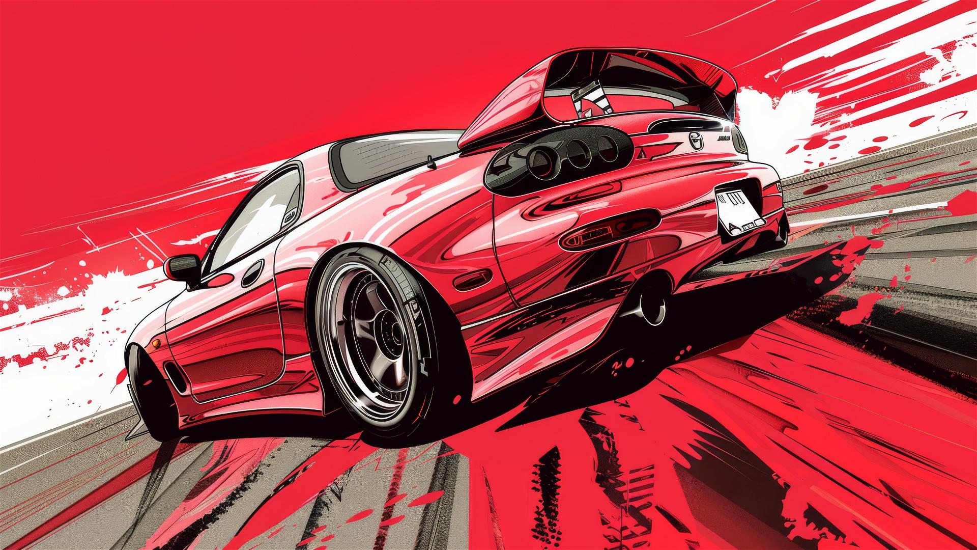 Mazda FD drifting in manga style with red color palette and crisp lines