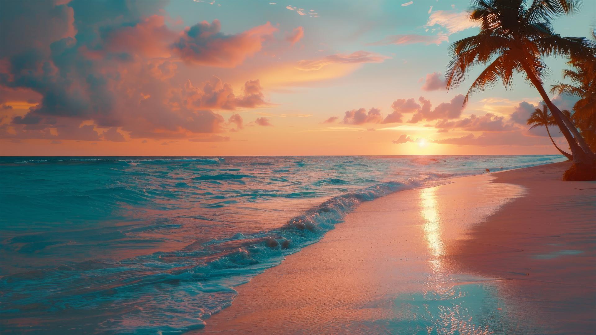 Colorful sunset over a tranquil beach with palm trees and crystal clear waters