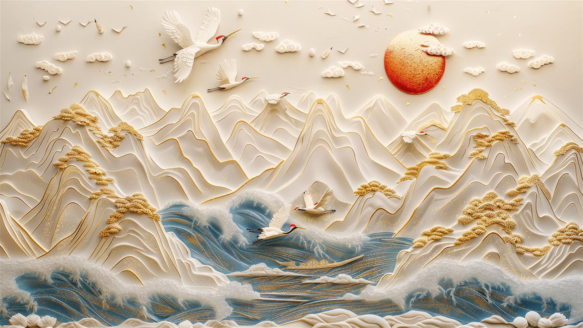 3D Asian painting of golden mountains and cranes over a river.