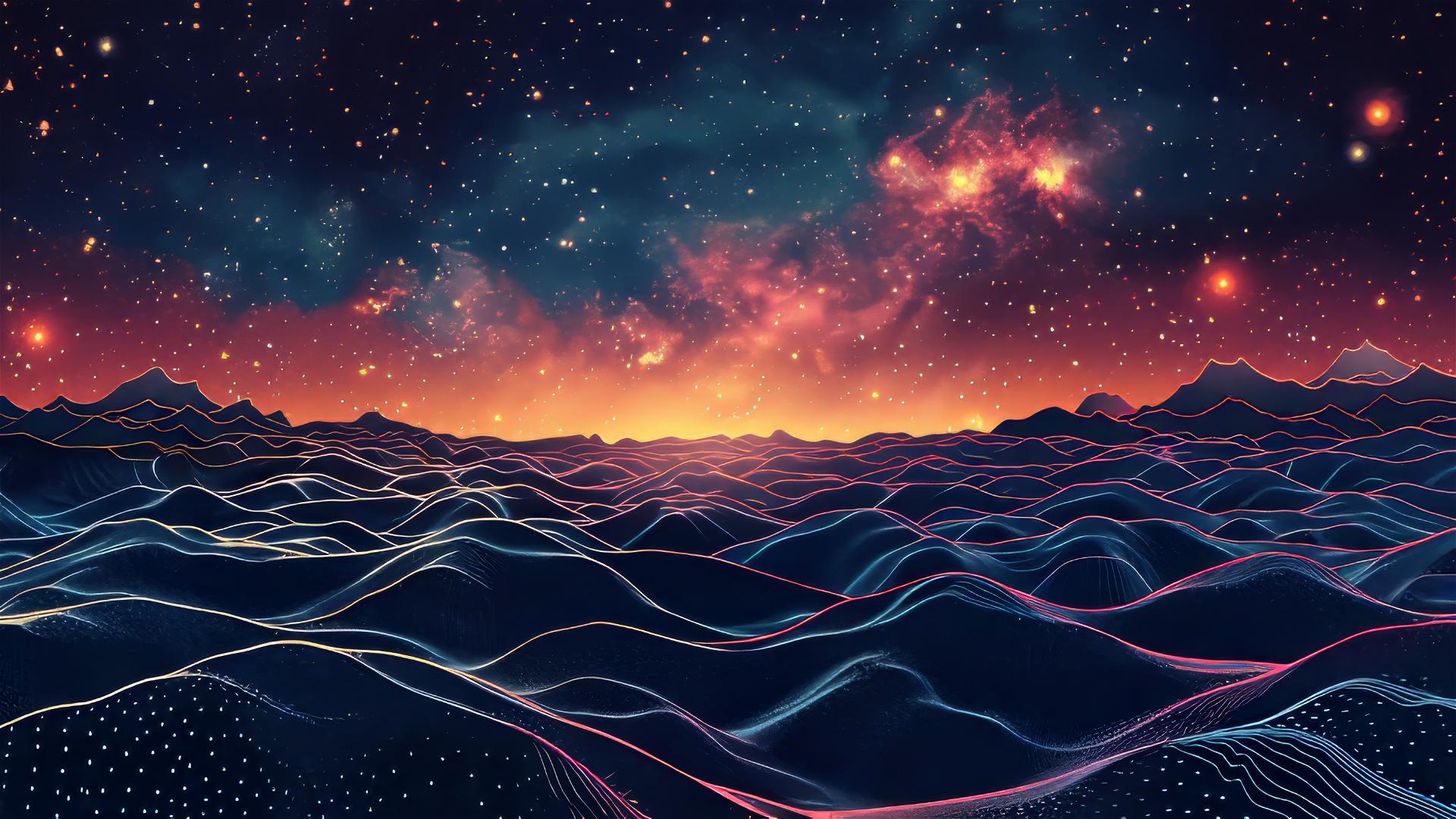 Vector line art duotone starry sky with galaxy backdrop