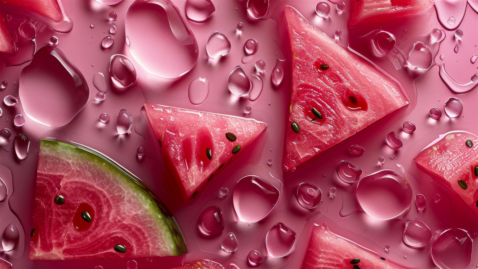 Fresh watermelon with water droplets, top-down view