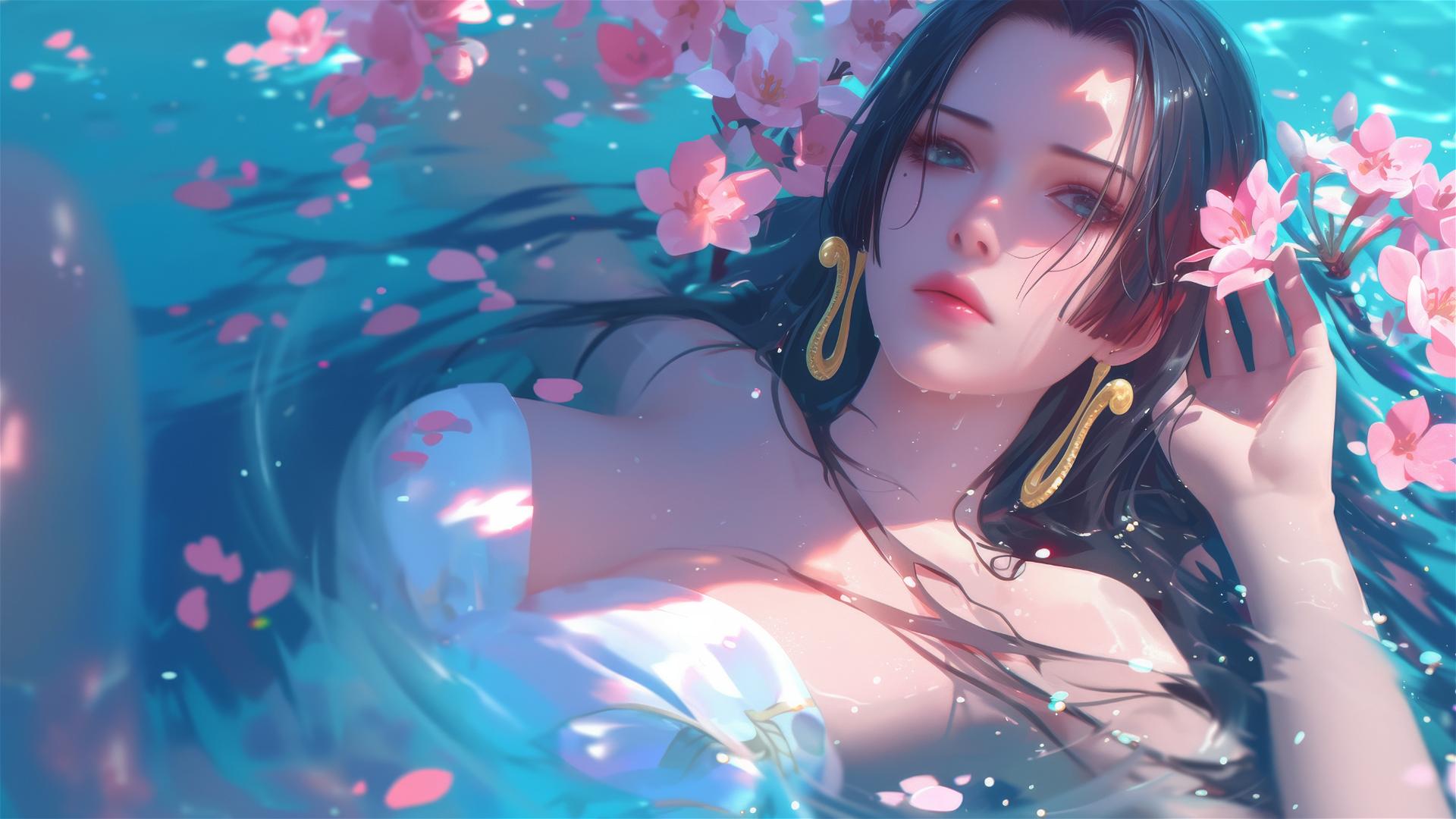 Boa Hancock from One Piece in a tub of flowers in a Chinese spa