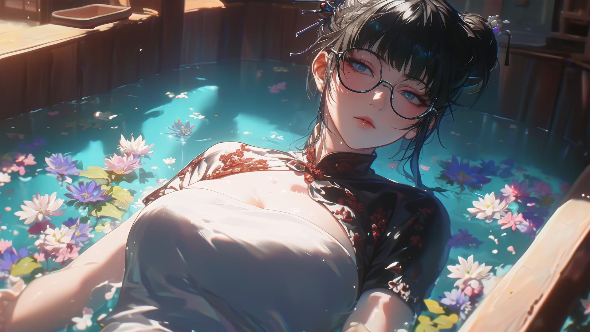 Maki Zenin from Jujutsu Kaisen in flower-filled tub at a Chinese spa, wearing glasses