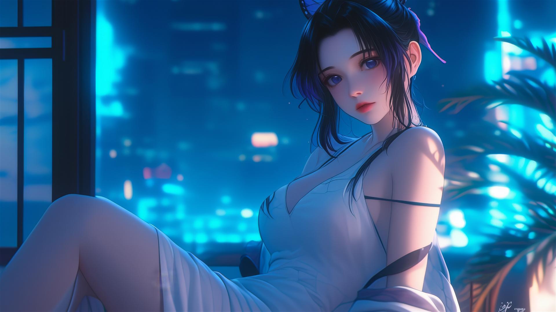Shinobu Kocho from Demon Slayer in a modern hotel room under neon and moon light.