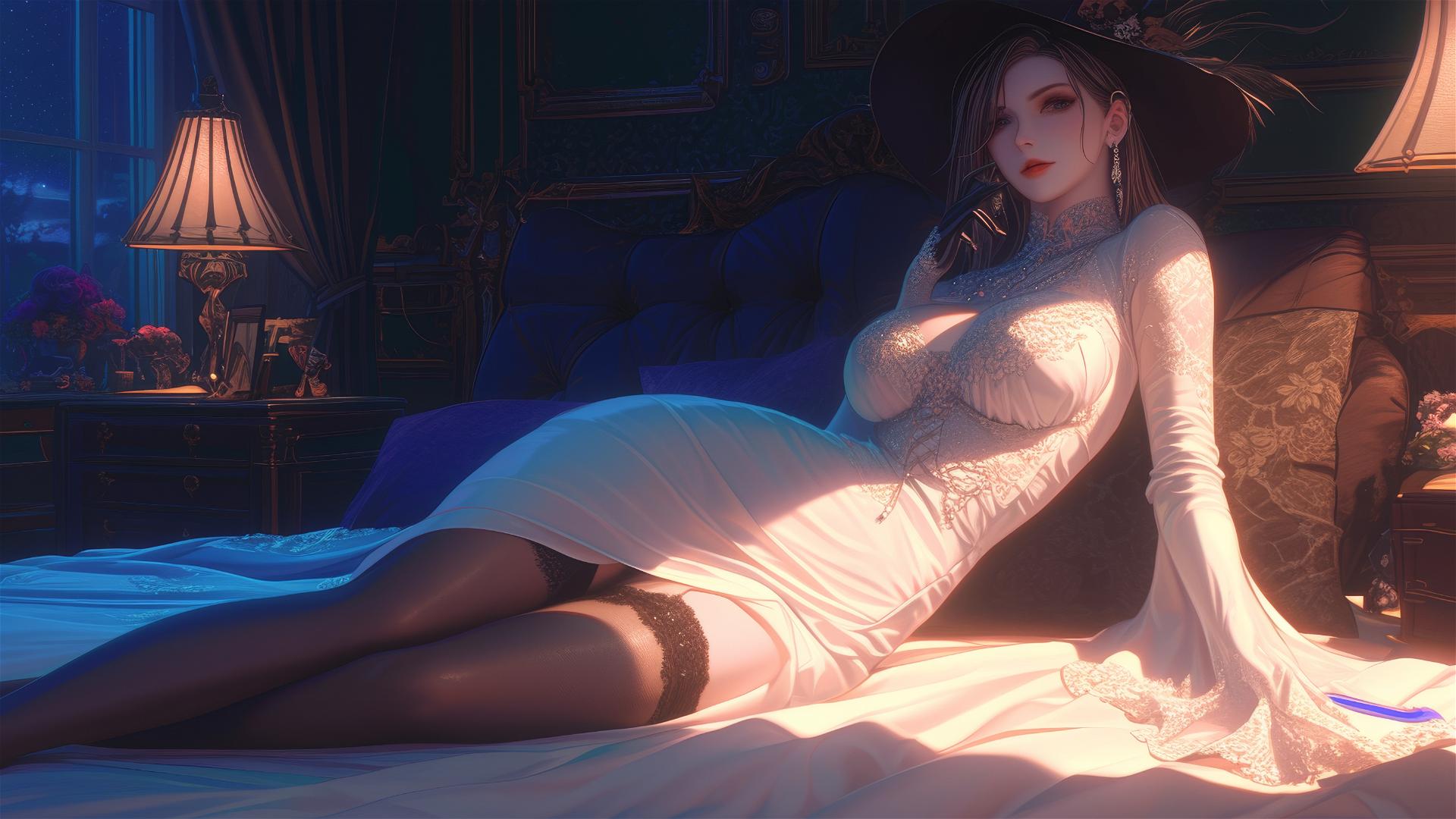 Lady Dimitrescu resting on a modern hotel bed under moonlight with pale skin.