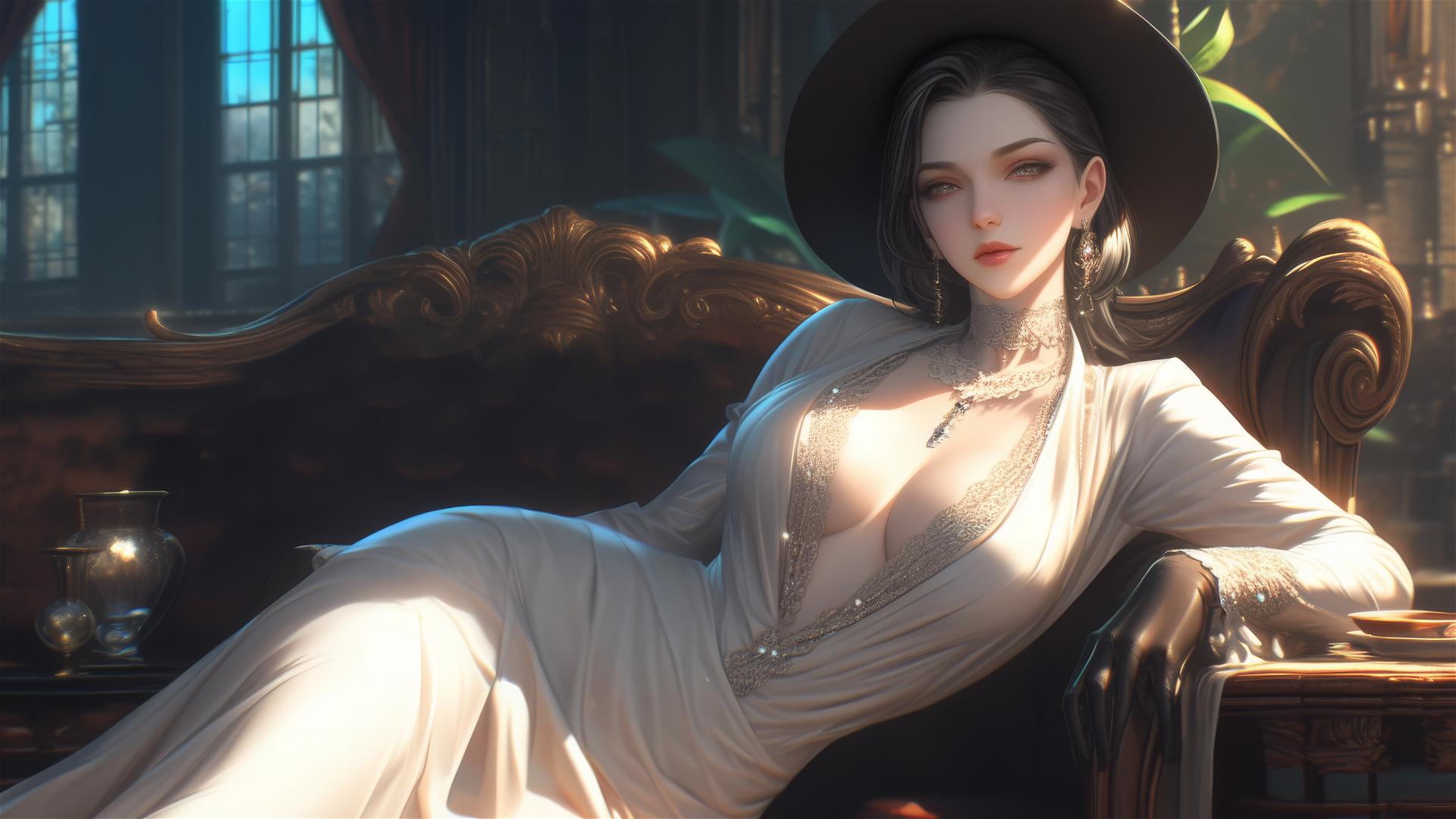 Lady Dimitrescu resting on a modern hotel bed under moonlight