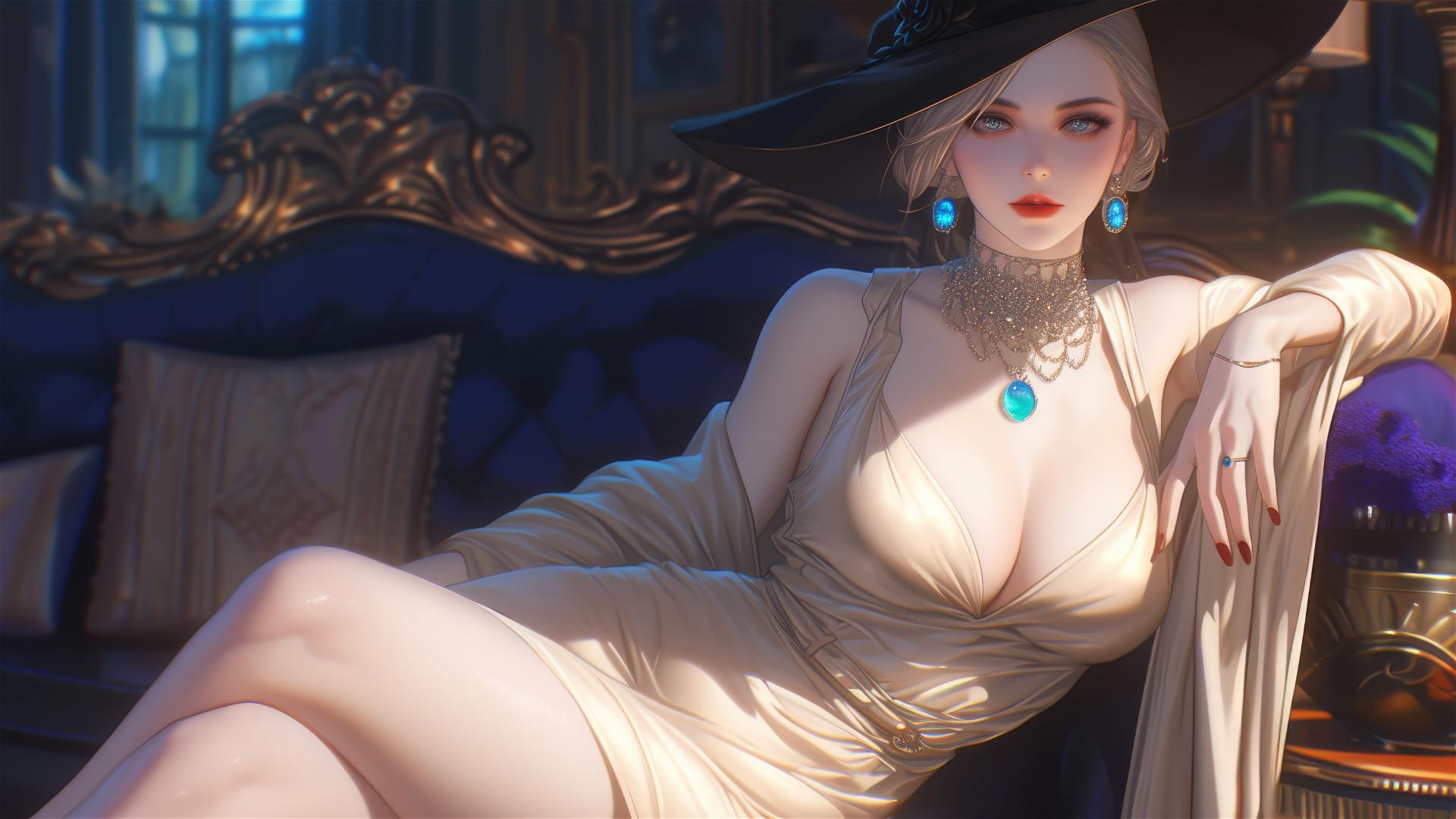 Lady Dimitrescu resting on a modern hotel bed, moonlight casting a glow