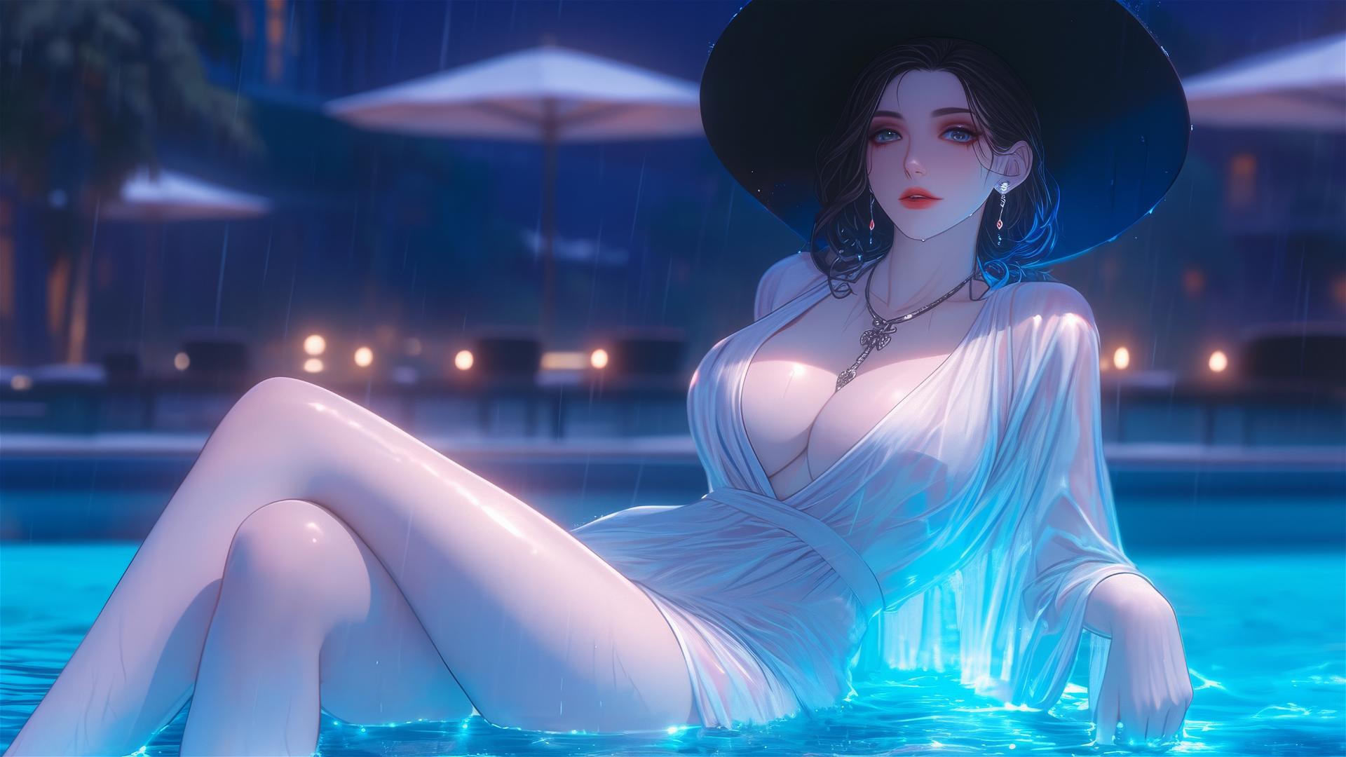 Lady Dimitrescu resting by a rainy pool under moonlight