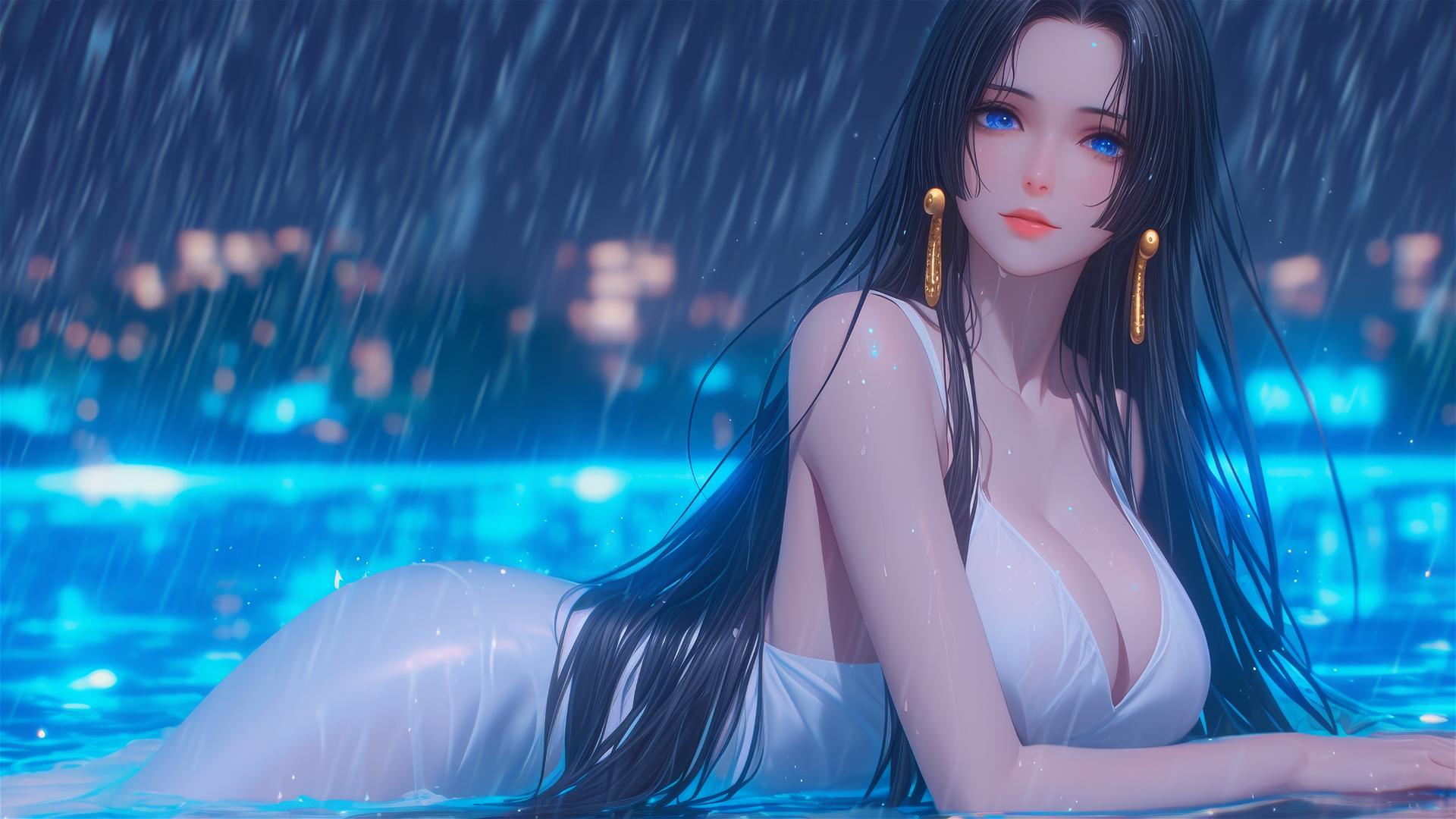 Boa Hancock resting by a rainy pool under moonlight, in a pink dress
