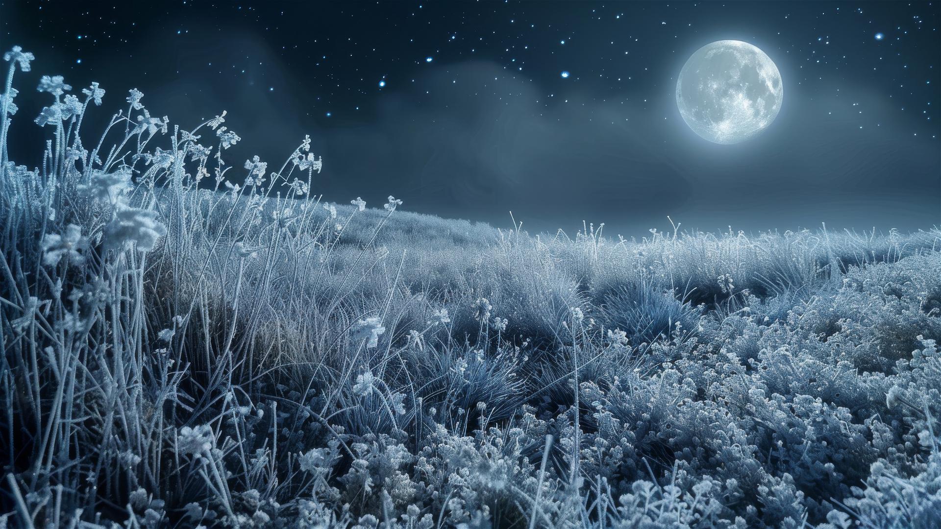 Moonlight on frosted meadow with ice-covered grass and wildflowers