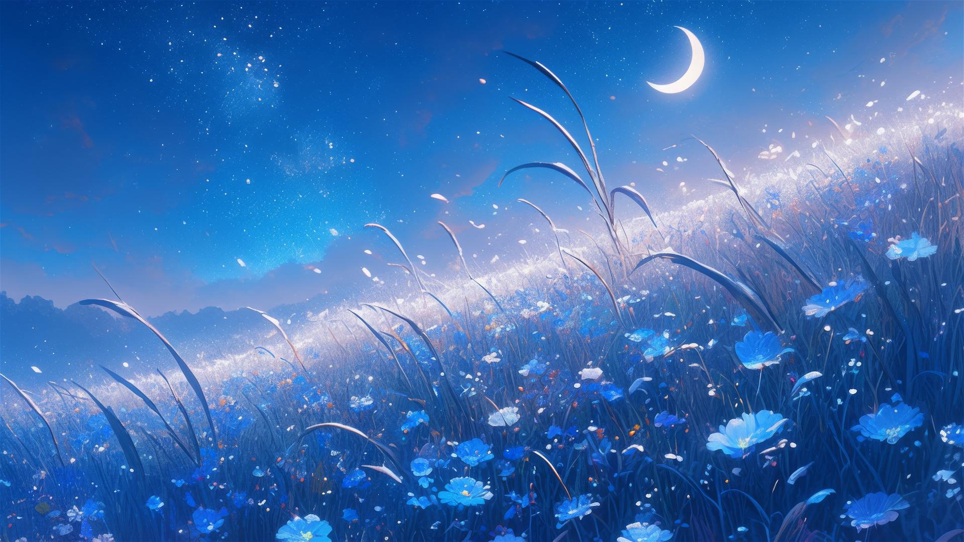 Moonlight shimmering on frosted meadow with icy grass and wildflowers.