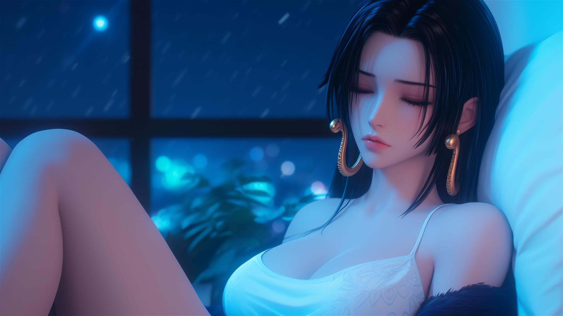 Boa Hancock from One Piece resting in an apartment under moonlight, short hair.