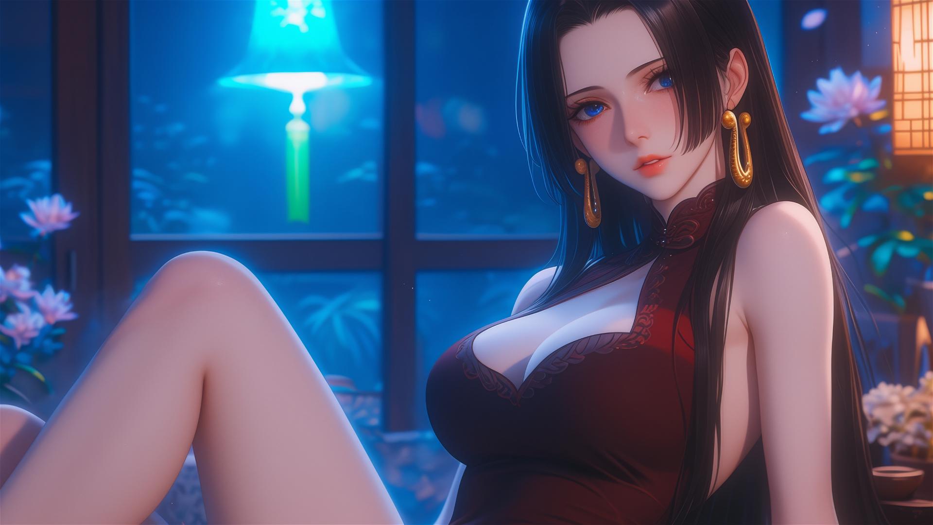 Boa Hancock from One Piece sitting in an apartment under moonlight with short hair