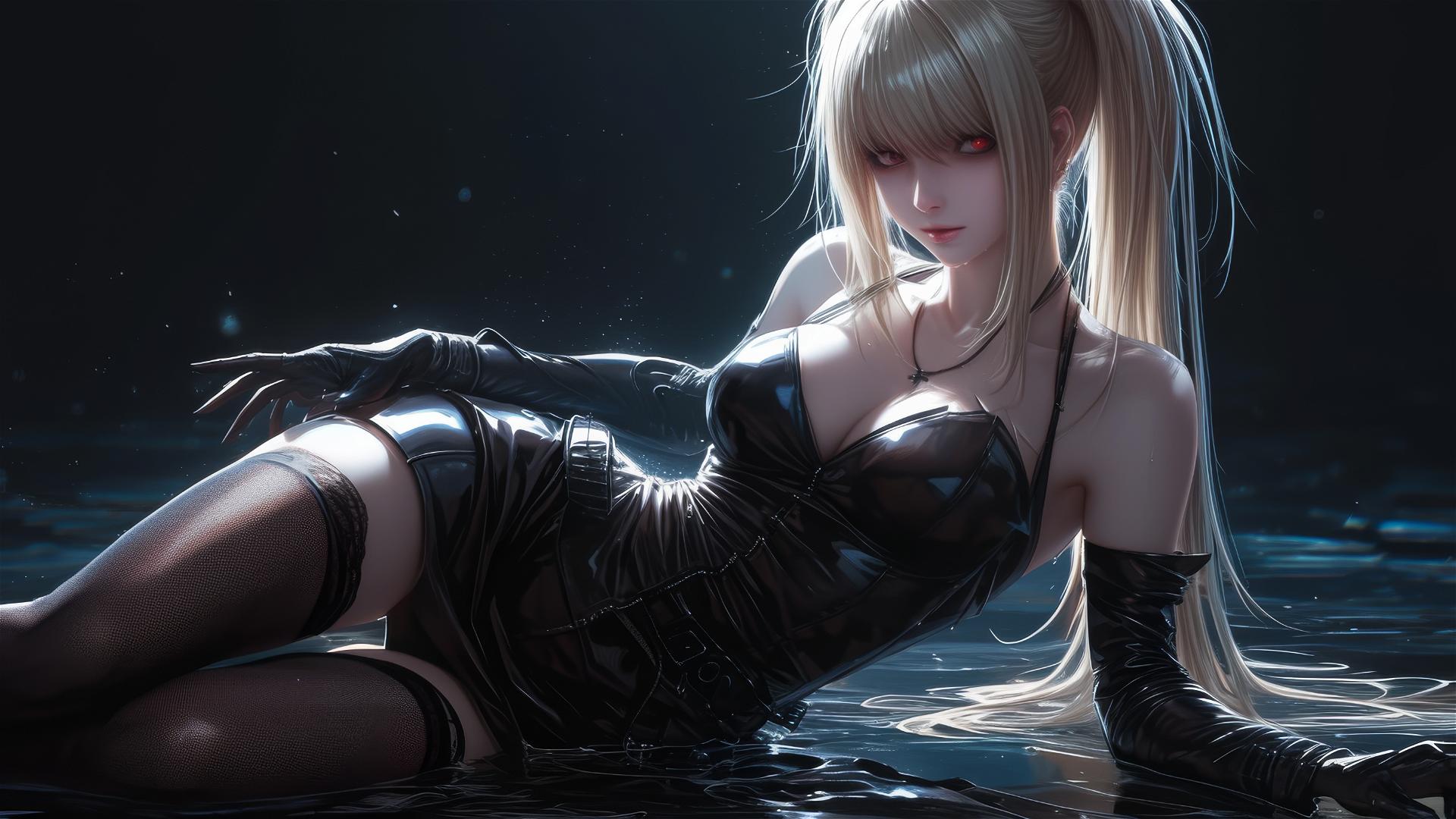 Isolated shot of Misa Amane from Death Note with red eyes in a dynamic pose with a spotlight effect.