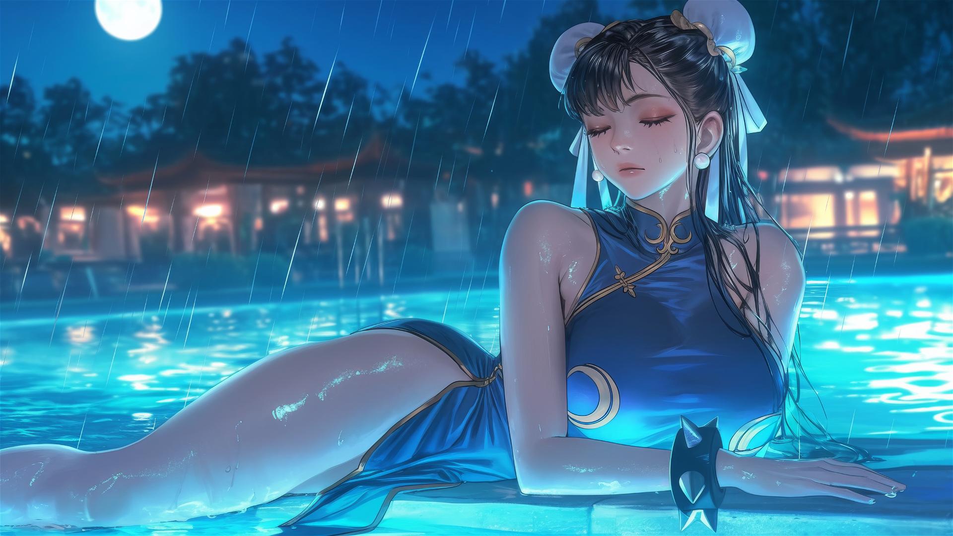 Chun Li resting at a rainy swimming pool under moonlight